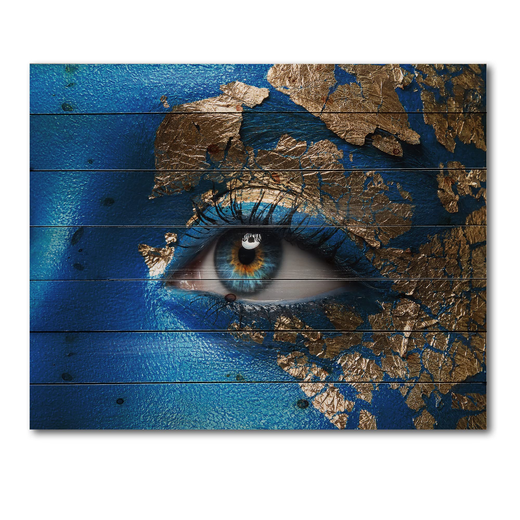 Modern Blue Makeup Girl Portrait Wood Wall Art - Contemporary Large Pine Wood Panel Decor for Living Room, Bedroom & Office