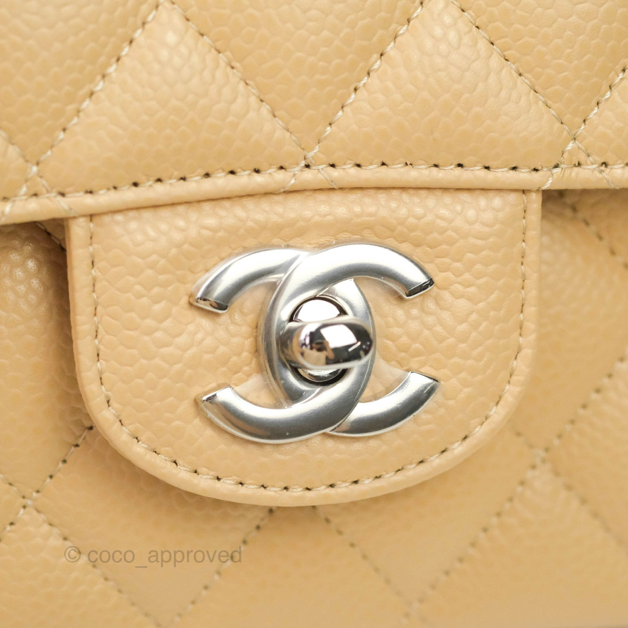 Chanel Classic M/L Medium Double Flap Bag in Beige Caviar Leather with Silver Hardware - Luxury Handbag for Women, Perfect for Work, Parties & Everyday Use