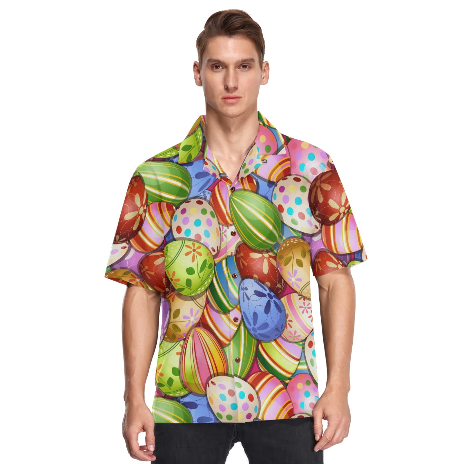 Fisyme Men's Hawaiian Shirt - Easter Eggs Print Loose Fit Short Sleeve Button Down Beach Shirt for Summer Vacation, Luau Party & Casual Wear
