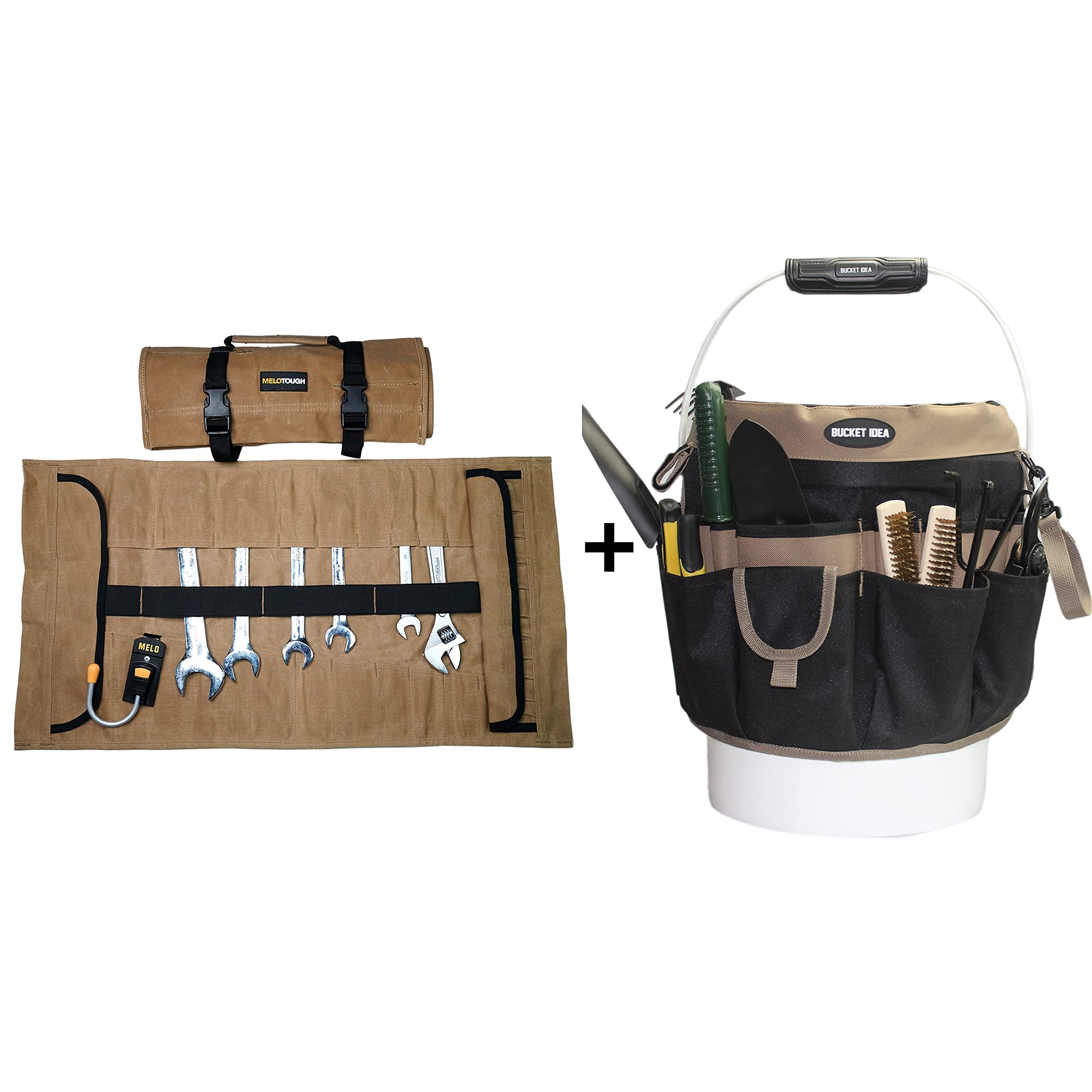 1 Pack Waxed Canvas Tool Roll Organizer & Wrench Roll Pouch + 1 Pack 35-Pocket Bucket Tool Organizer for 3.5-5 Gallon Buckets | Durable Socket Storage for Mechanics, DIY & Workshop Organization