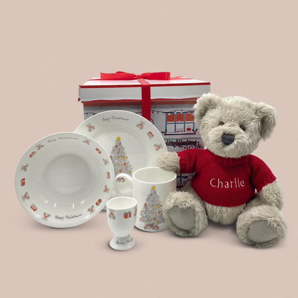 Personalized Berkeley Bear Christmas Morning Breakfast Set - Red Plaid Design for Holiday Dining & Gift Giving - Perfect for Christmas Breakfast, Brunch, and Festive Family Gatherings