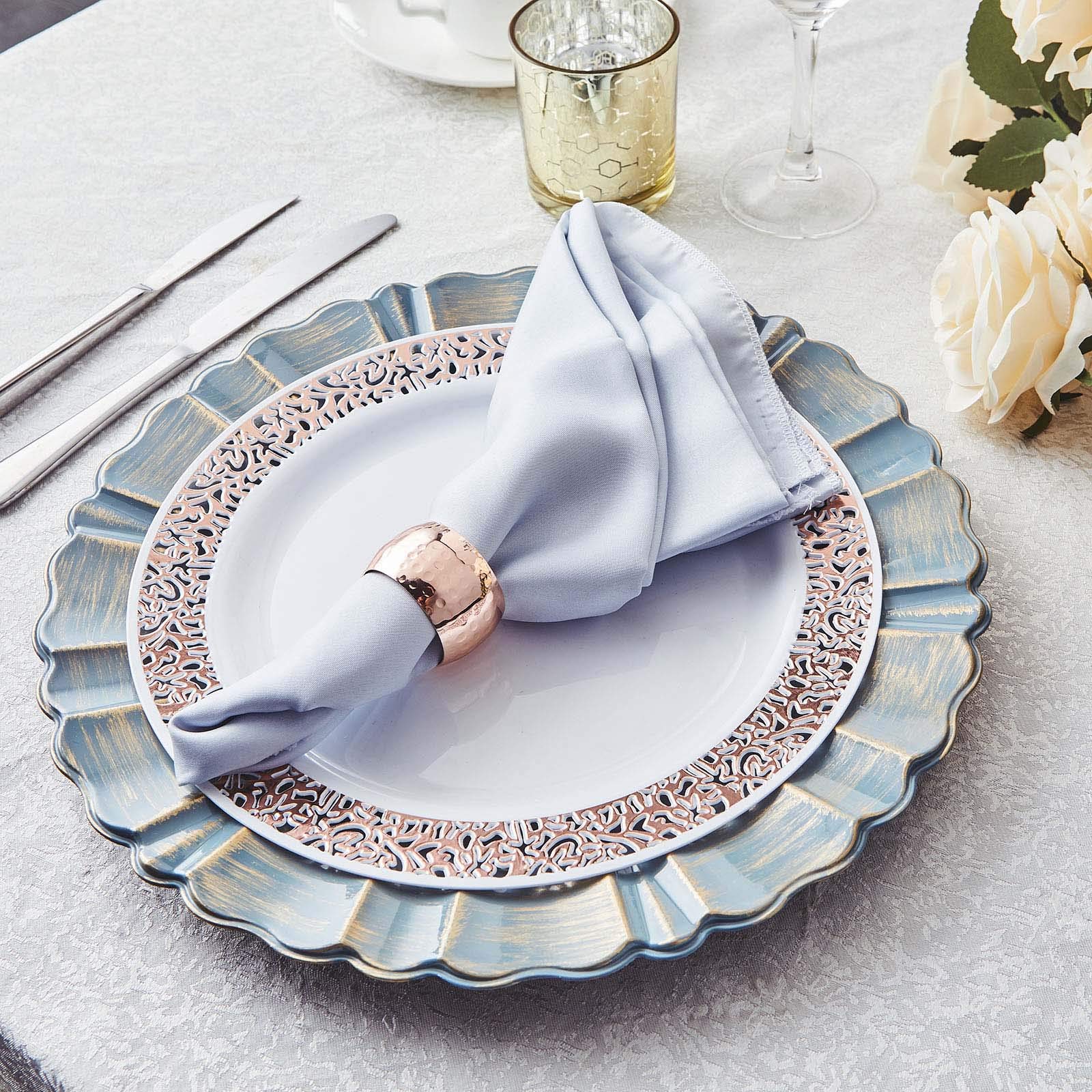 Set of 6 - 13 Inch Round Charger Plates with Wavy Scalloped Edge for Weddings, Parties & Formal Dining - Elegant Dusty Blue Tableware Decor