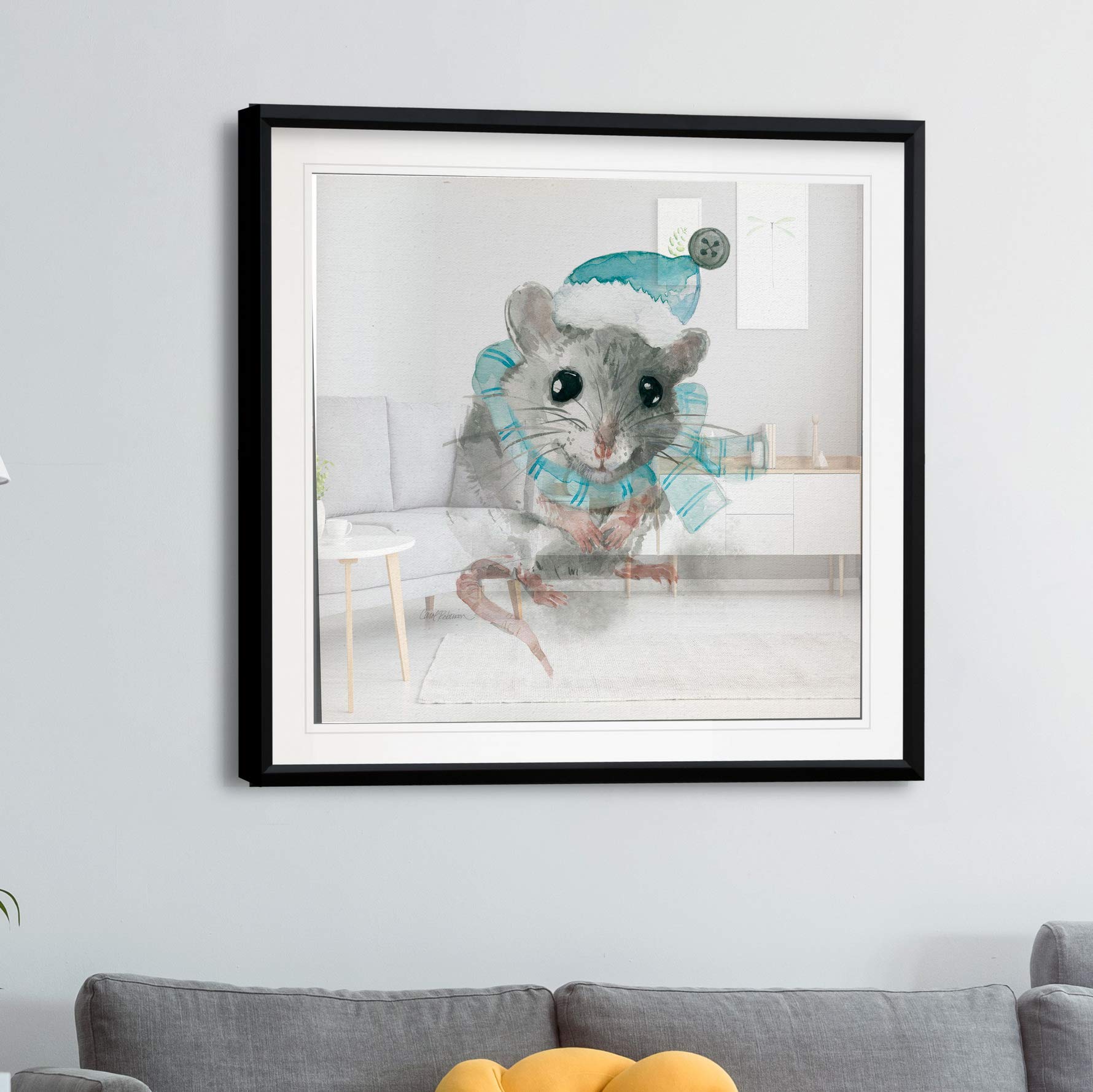Christmas Critter Mouse Nursery Decor - Framed Animal Wall Art Painting, Abstract Kids Giclee Canvas Prints for Baby Room & Playroom | Perfect Holiday Gift & Home Decoration
