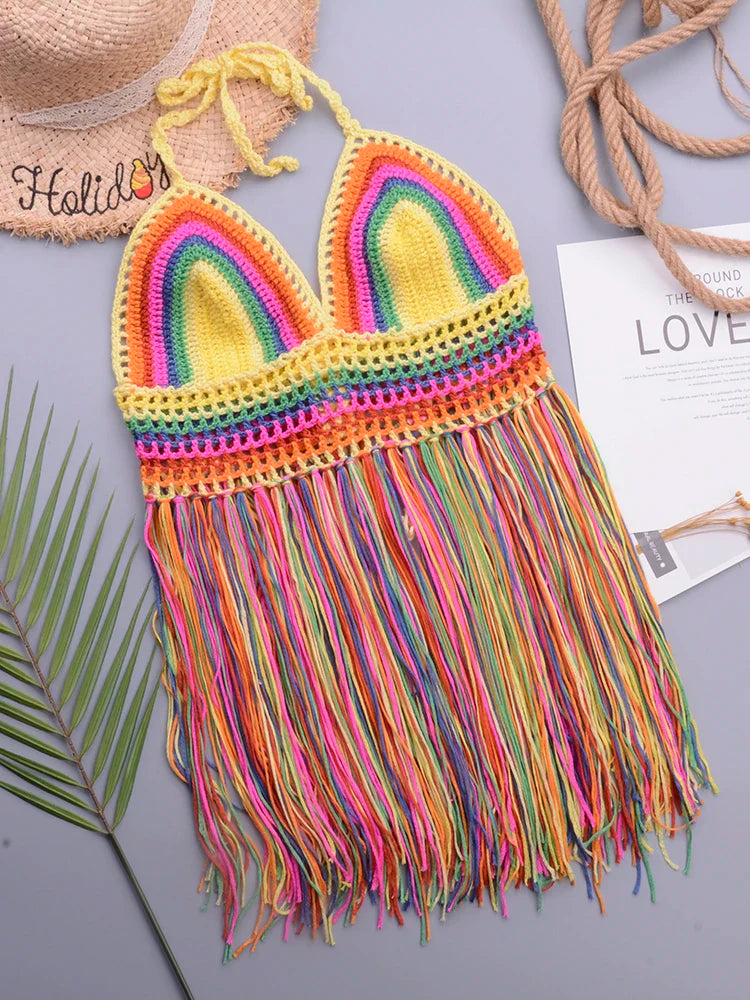 Crochet Hollow Out Tassel Beach Cover Up - Sexy Women's Mini Top Bikini Swimwear Bathing Suit Cover Up for Summer Vacation, Pool Party & Beach Day