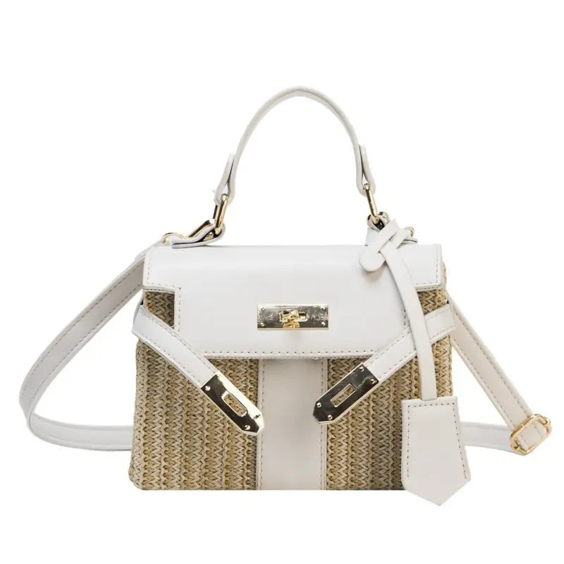 Stylish Woven Straw Handbag for Women - Designer Wicker Crossbody Shoulder Bag with Chic Lock, PU Trim - Perfect for Summer Beach, Vacation & Outdoor Activities