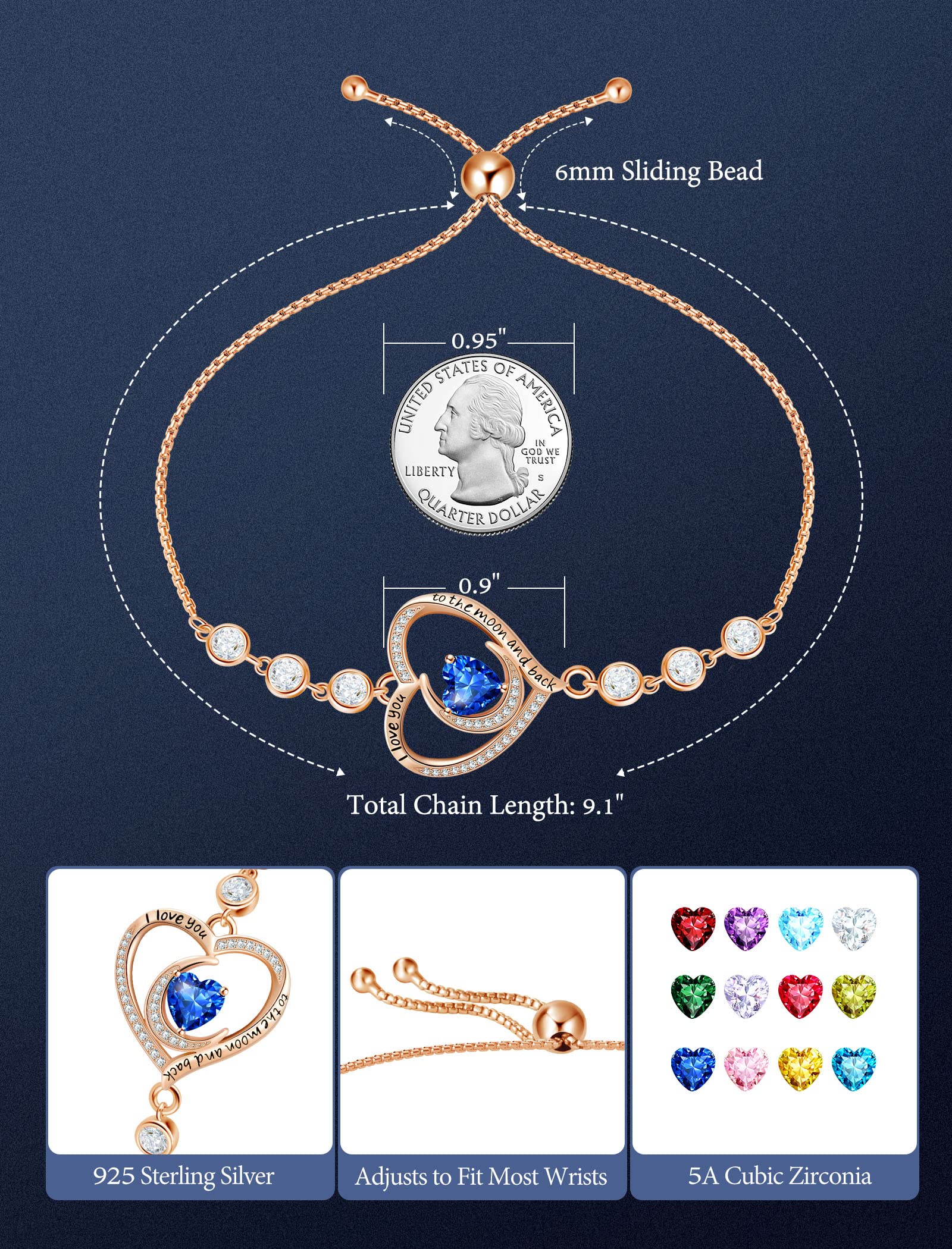 925 Sterling Silver Birthstone Bracelet for Women - Adjustable Tennis Bracelet with I Love You Charm, Luxurious Jewelry Gift for Wife, Mother, Anniversary, Birthday & Christmas - Perfect for Everyday Wear, Date Nights & Special Occasions