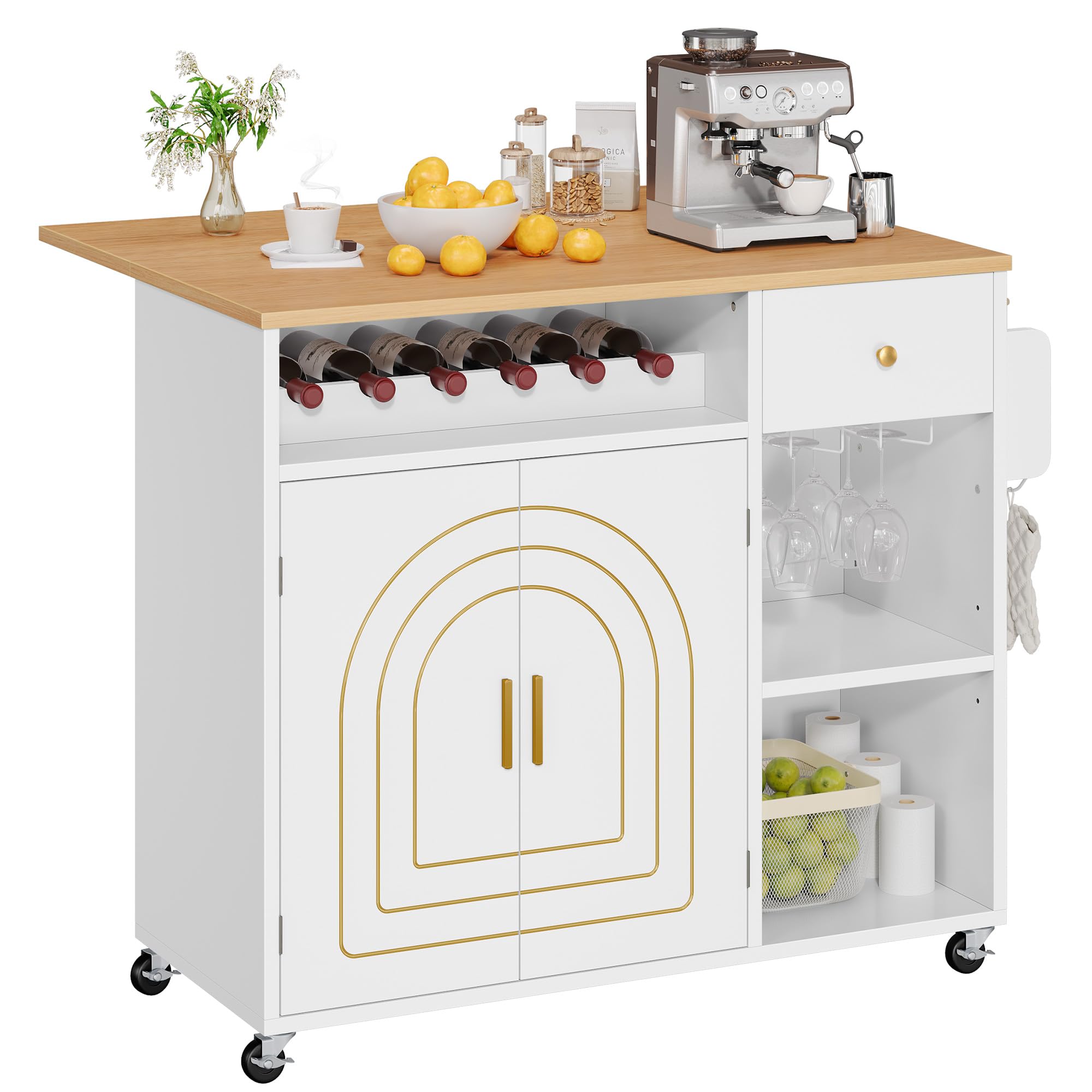 YITAHOME White & Oak Kitchen Island with Folding Drop Leaf - Rolling Kitchen Cart with 2 Gilded Cabinet Doors, Drawer, Open Shelves, Wine Spice Rack & Cup Hangers - Perfect for Small Kitchens, Dining Rooms & Entertaining Spaces