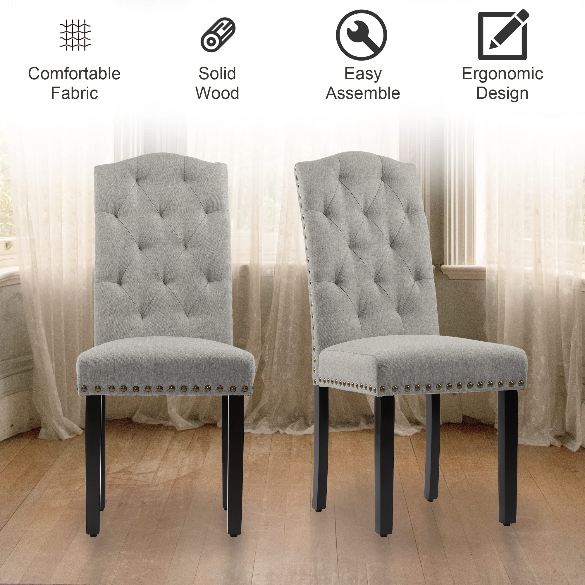 DAGONHIL 2-Piece Upholstered Dining Chair Set - Armless Kitchen Chairs with Black Solid Wood Legs for Home, Kitchen & Living Room (Gray) - Perfect for Small Spaces & Modern Dining Areas