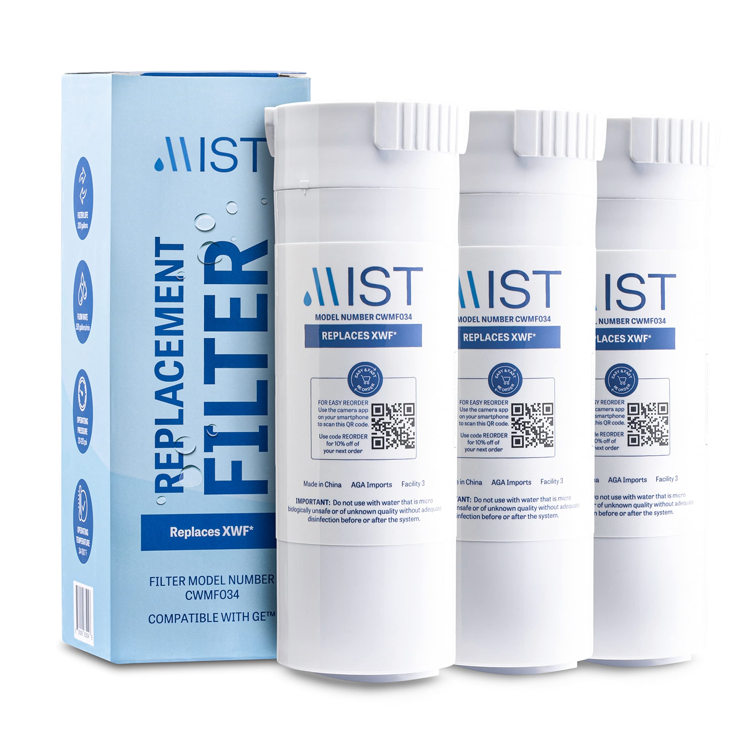 GE XWF Water Filter Replacement 3-Pack - Compatible with GWE19JSLSS, WR17X30702, GBE21, GDE21, GDE25, GFE24 Refrigerators (Not XWFE) - Clean & Safe Drinking Water for Home, Office, and Kitchen Use