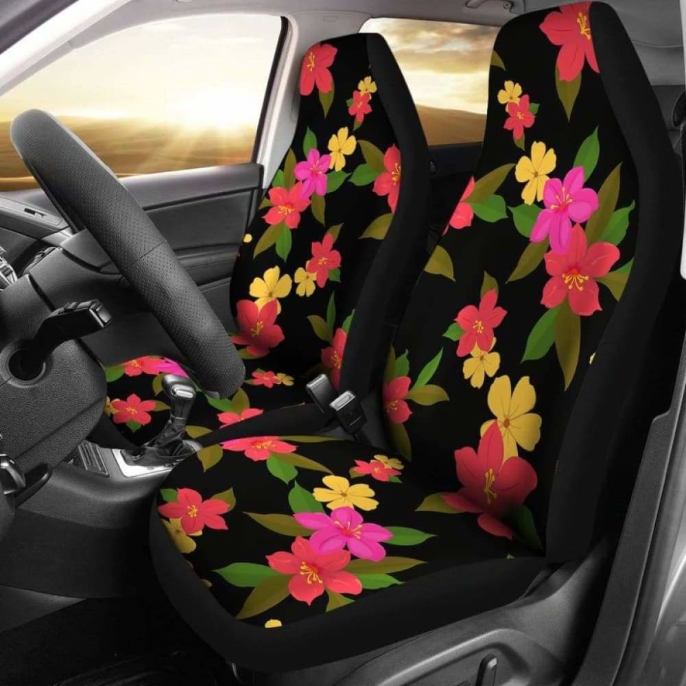 Black Car Seat Covers with Vibrant Tropical Flowers - Universal Fit for Cars, SUVs & Trucks - Perfect for Summer Road Trips & Beach Vacations