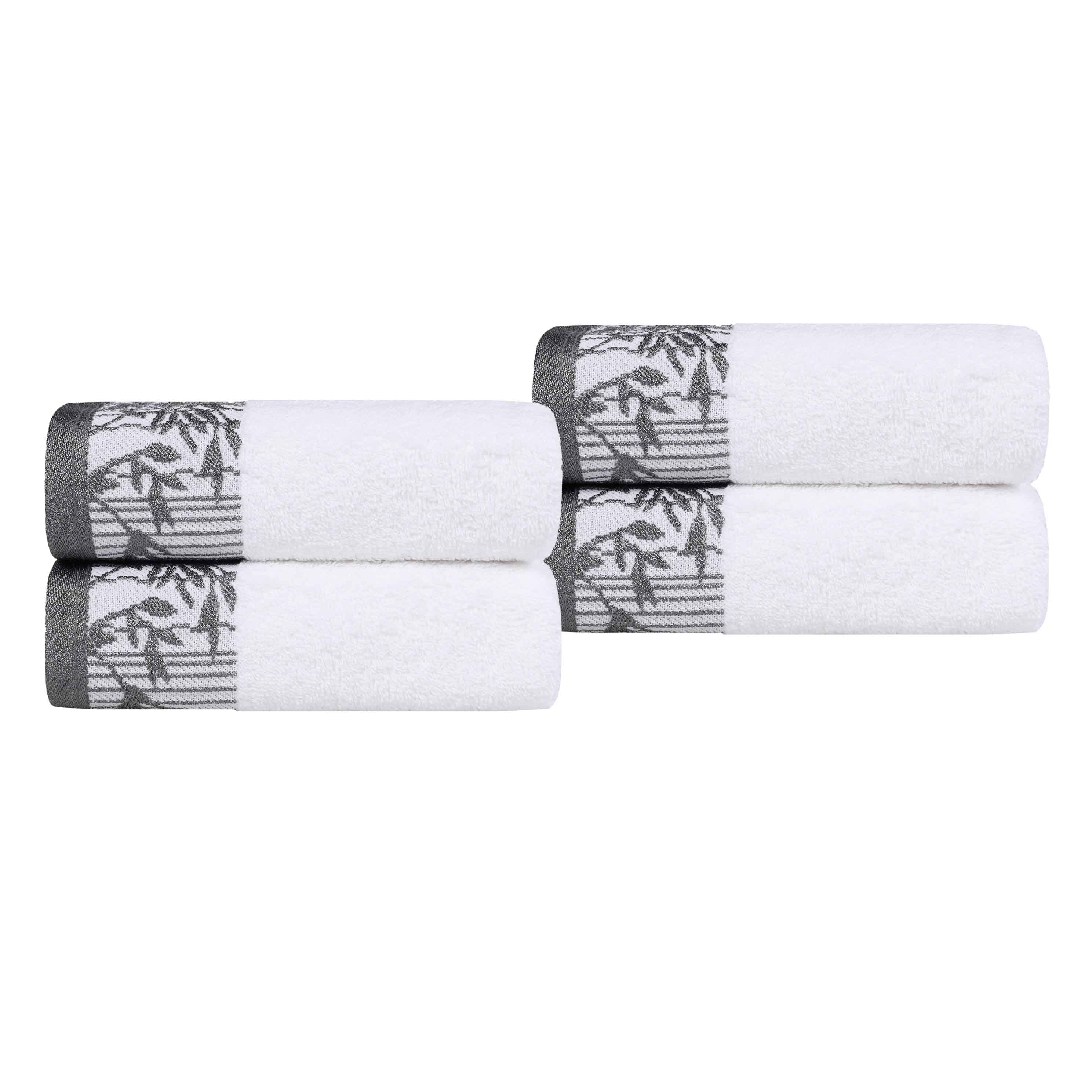 Premium Wisteria Cotton Floral Embroidered Jacquard Border Hand Towels - Set of 4 | Soft Absorbent Bathroom & Kitchen Towels for Guest Bath, Powder Room, and Luxury Home Decor