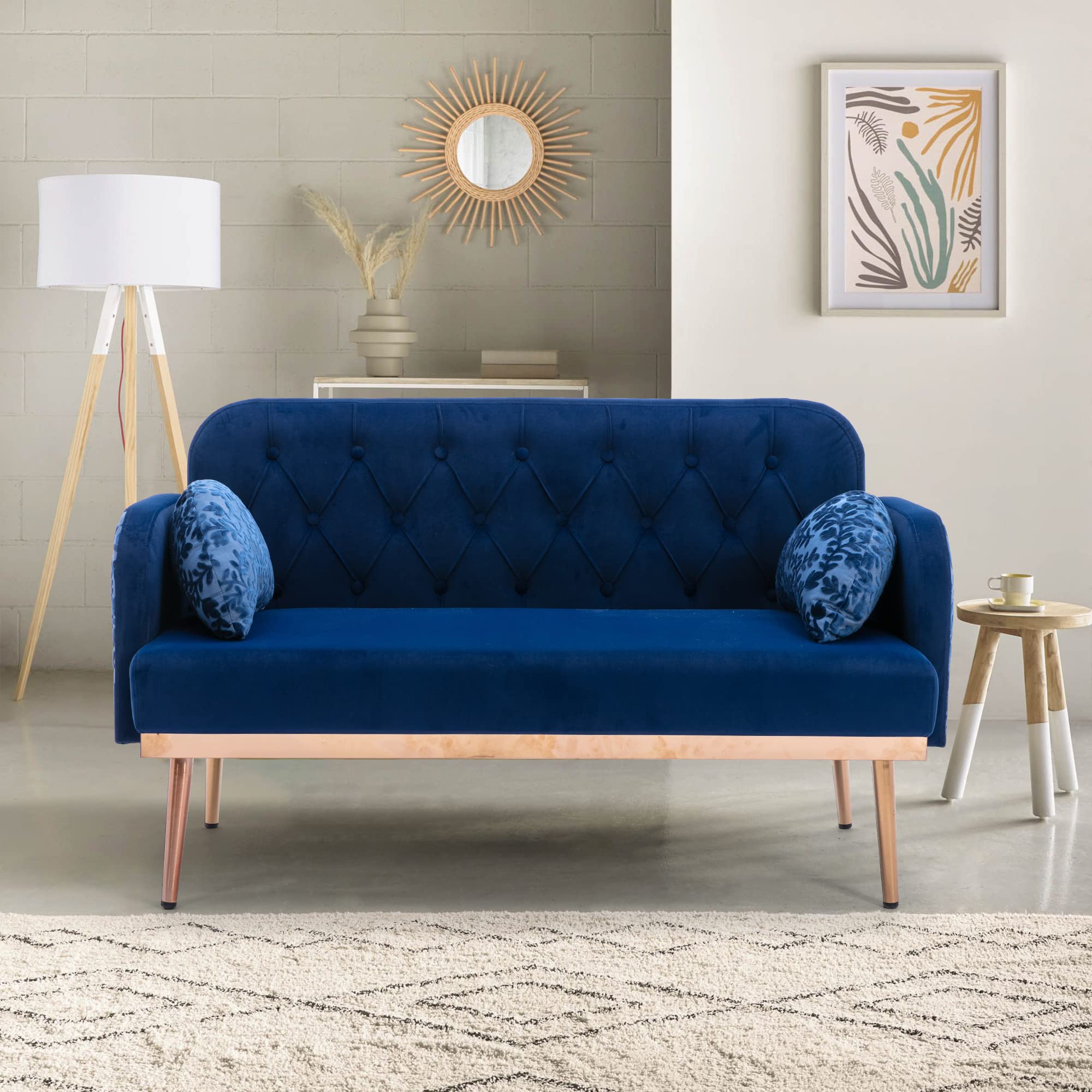 Velvet Accent Loveseat Sofa with Gold Legs & 2 Soft Pillows - Navy Blue Small Couch for Living Room, Bedroom, Apartment - Perfect for Cozy Seating & Home Decor