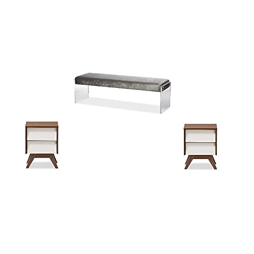 Home Square 3-Piece Bedroom Set with Grey Upholstered Bench & 2 Nightstands - Modern Bedroom Furniture for Small Spaces & Guest Rooms