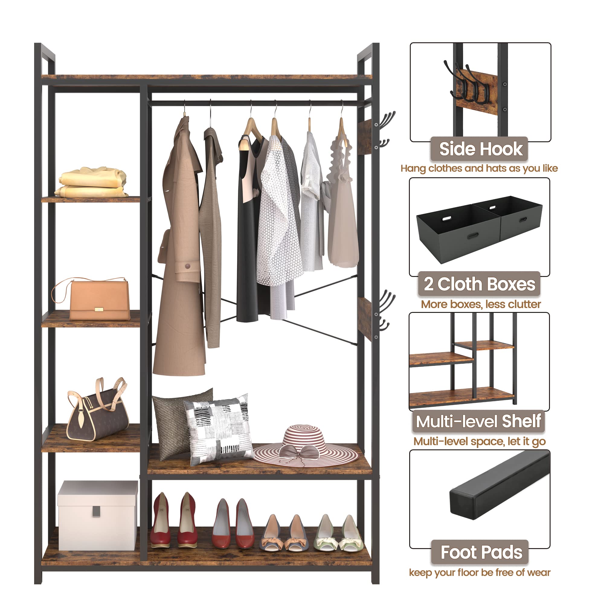 Free-Standing Closet Organizer with Storage Box & Side Hook - Portable Garment Rack with 6 Shelves & Hanging Rod - Black Metal Frame & Rustic Board Finish - Perfect for Bedroom, Closet, Dorm & Small Space Organization (Rustic Brown)