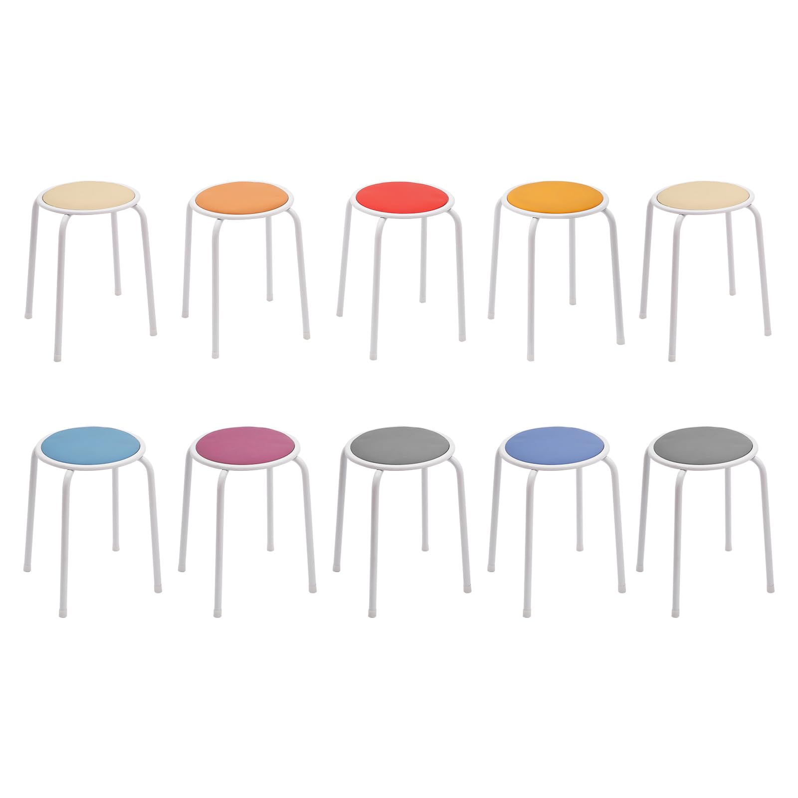 10-Pack Stackable Classroom Chairs with PU Cushion - Round School Stools for Kids, Library, Office & Home (Assorted Colors, White Legs) - Perfect for Classrooms, Study Areas & Small Spaces