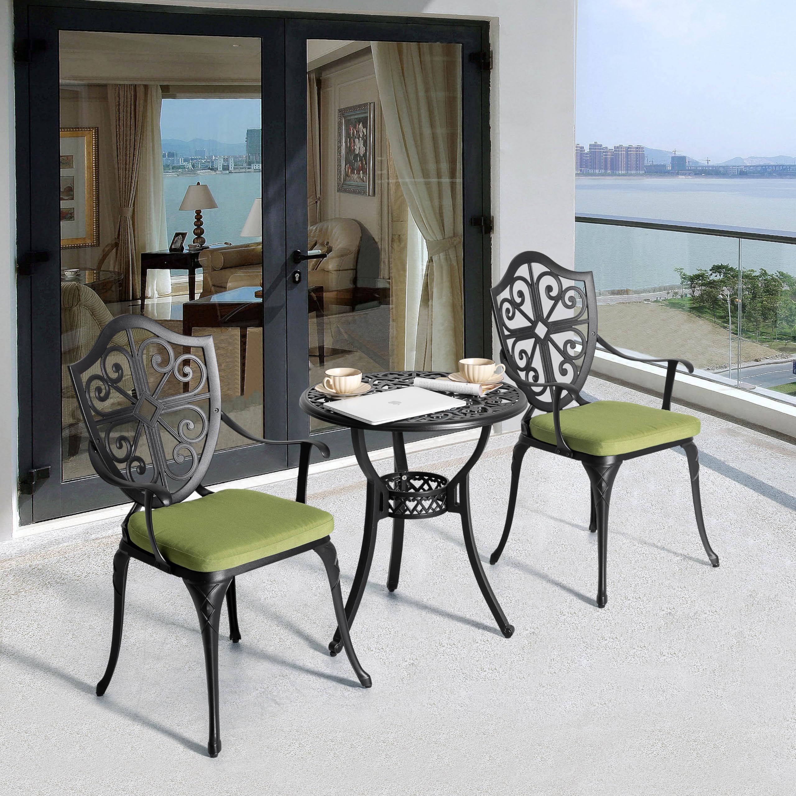 NUU GARDEN 3-Piece Outdoor Bistro Set - Cast Aluminum Patio Table & 2 Chairs with Umbrella Hole & Green Cushions - Black - Perfect for Backyard, Garden, Balcony & Small Outdoor Spaces