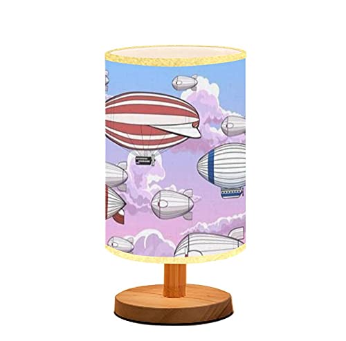 Vintage Zeppelin Airship Table Lamp with Wooden Base & Flaxen Fabric Shade - Minimalist Nightstand Light for Bedroom, Living Room, Nursery - Perfect for Reading, Breastfeeding & Ambient Lighting