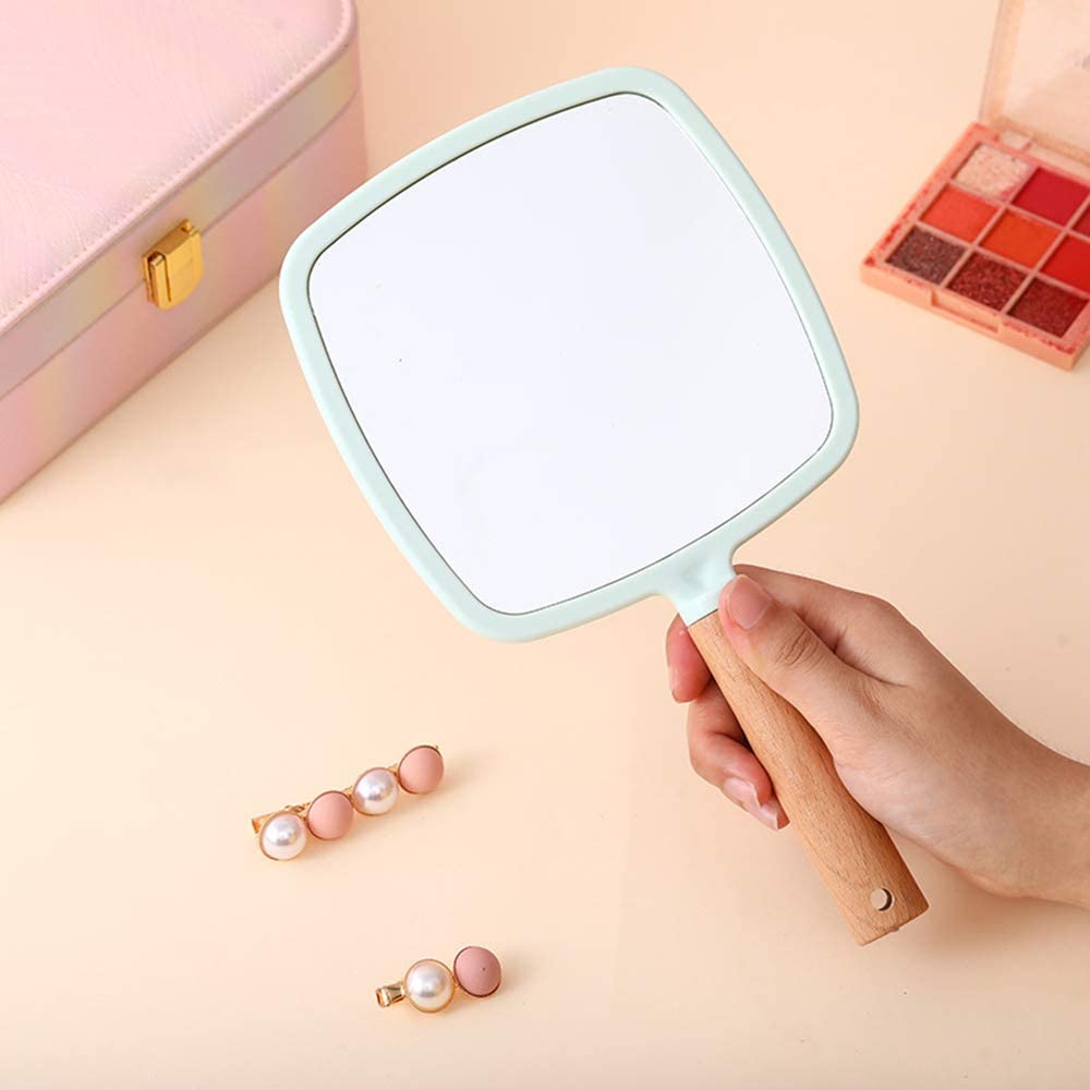 WE-CEF Handheld Wooden Makeup Mirror - Travel Portable for Men & Women - Green Square Design for Home & Travel