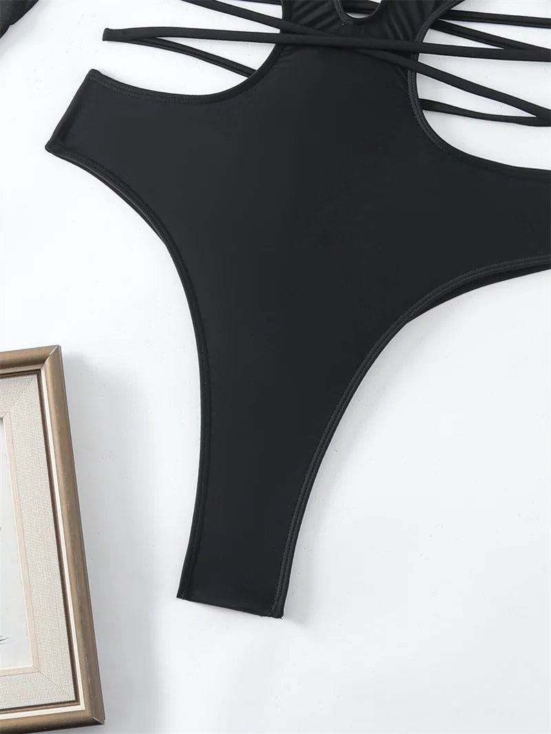 2024 Sexy Black Long Sleeve One Piece Swimsuit for Women - Hollow Out Bandage Monokini Bathing Suit | Beachwear, Pool Party, Summer Vacation