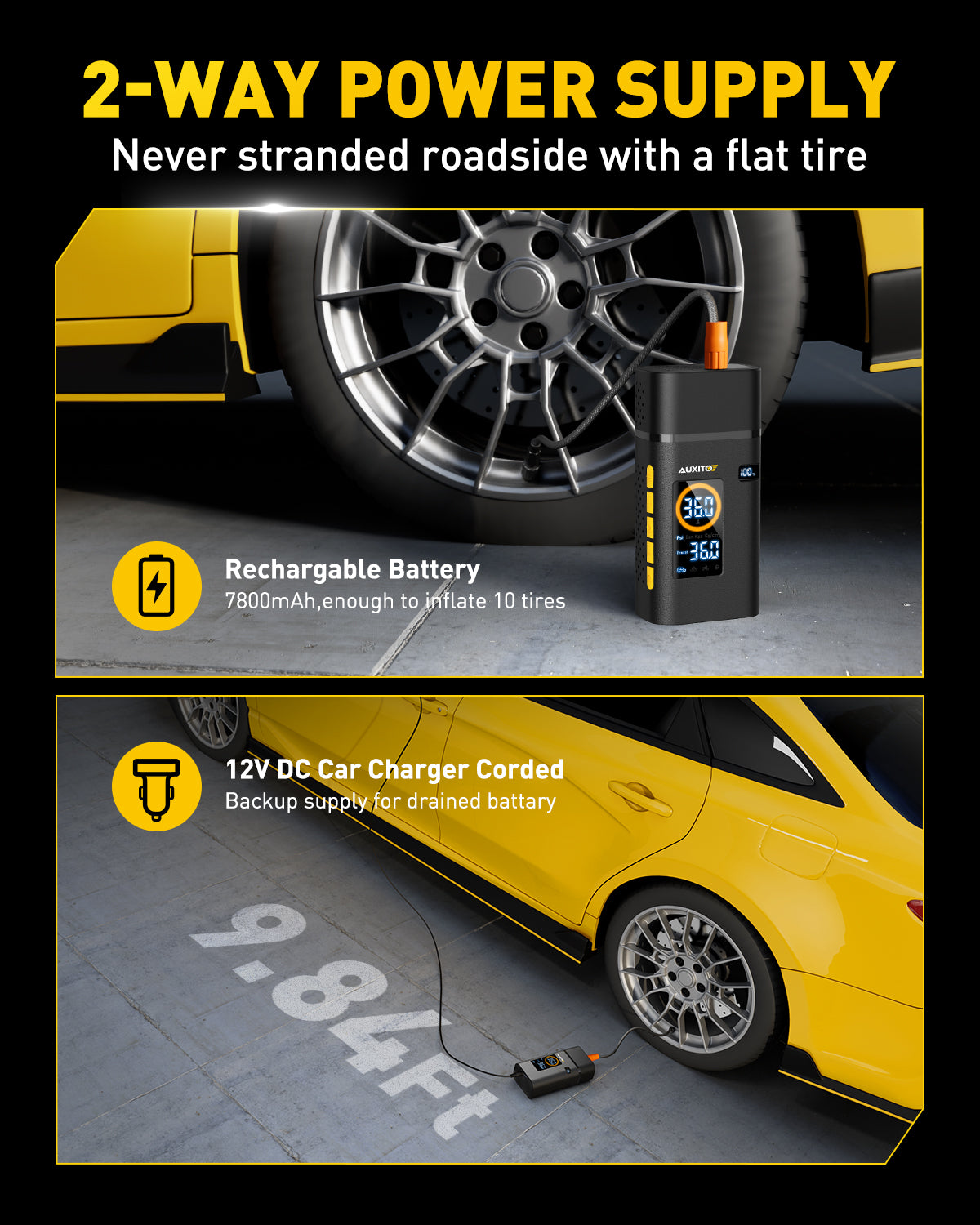 AUXITO A501 Cordless Tire Inflator - 150 PSI Portable Air Compressor with Fast Inflation, Smart Digital Display & LED Light for Cars, Bikes, SUVs and Outdoor Adventures