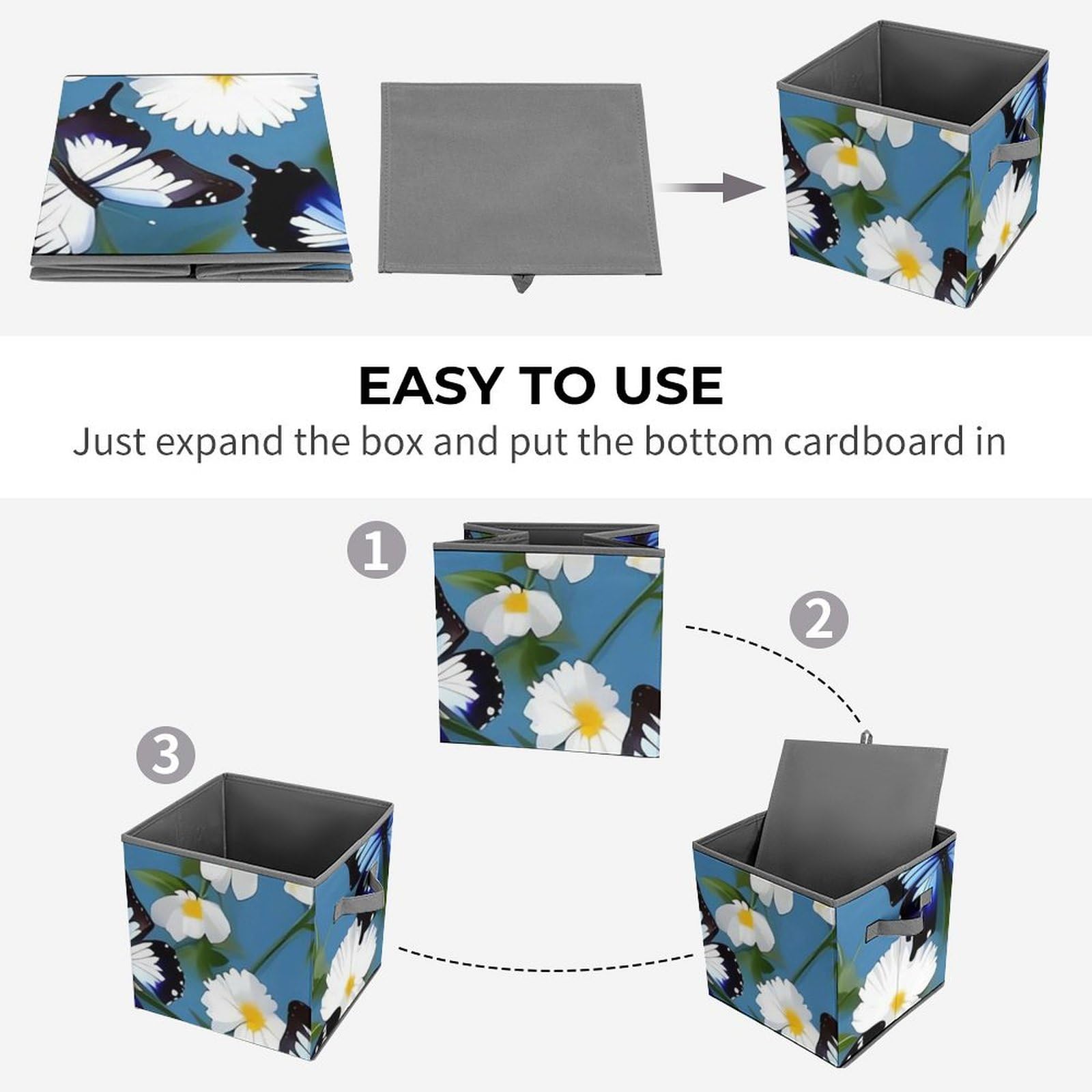 Blue Butterfly & White Floral Pattern Collapsible Storage Bin - 10.6