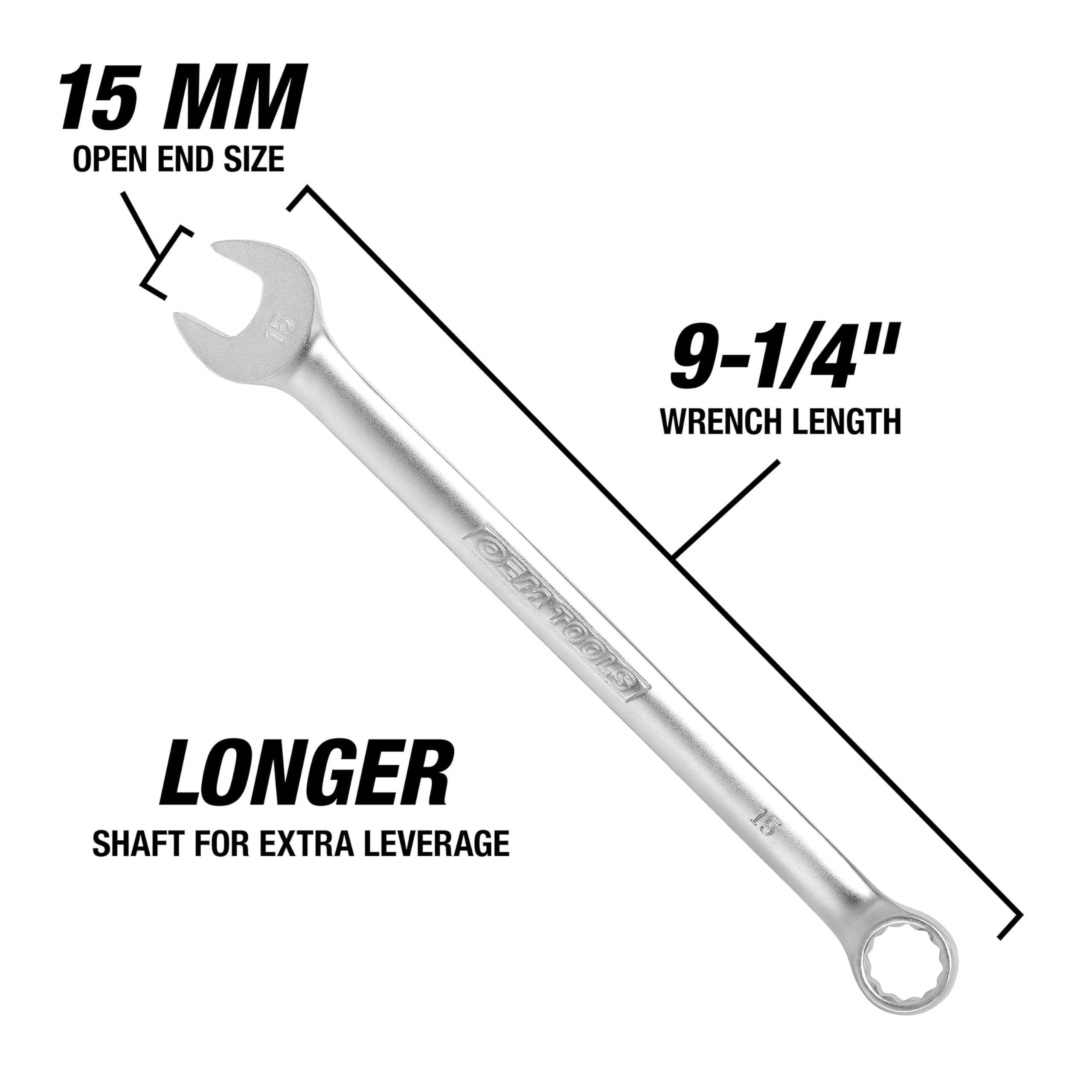 OEMTOOLS 22018 15mm Metric Combination Wrench - Long Shaft for Extra Torque & Leverage - Smooth Open End Protects Soft Fasteners - Professional Mechanic Tool for Auto Repair & DIY Projects