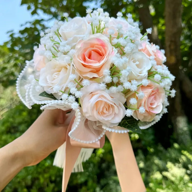 Elegant Silk Rose Bridal Bouquet with Pearl & Lace Accents - Perfect for Weddings, Bridesmaids & Anniversary Celebrations