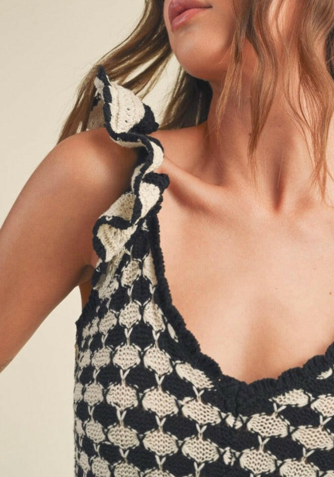 Black & Stone Checkered Crochet Knitted Ruffle Sleeve Dress - Elegant Boho Chic Dress for Women, Perfect for Summer Parties, Beach Vacations & Date Nights