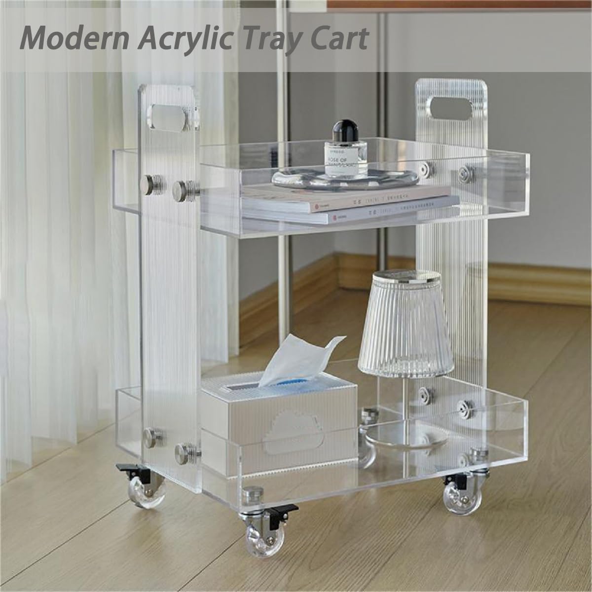 Gdrasuya10 2-Tier Clear Acrylic Rolling Serving Cart with Wheels - 16 Inch Mobile Side Table for Living Room, Bedroom, Party & Balcony - Perfect for Snacks, Drinks, Books & Home Decor Storage