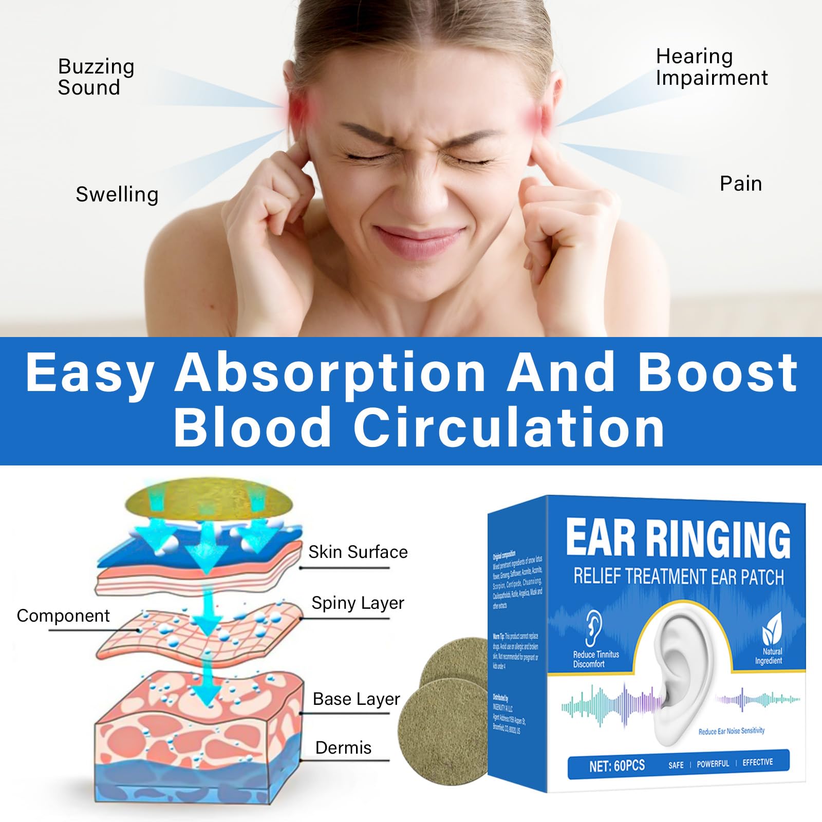 60 PCS Natural Tinnitus Relief Patches for Ringing Ears - Reduce Ear Noise & Improve Ear Discomfort with Herbal Ingredients | Effective Tinnitus Treatment for Sleep, Work & Daily Activities