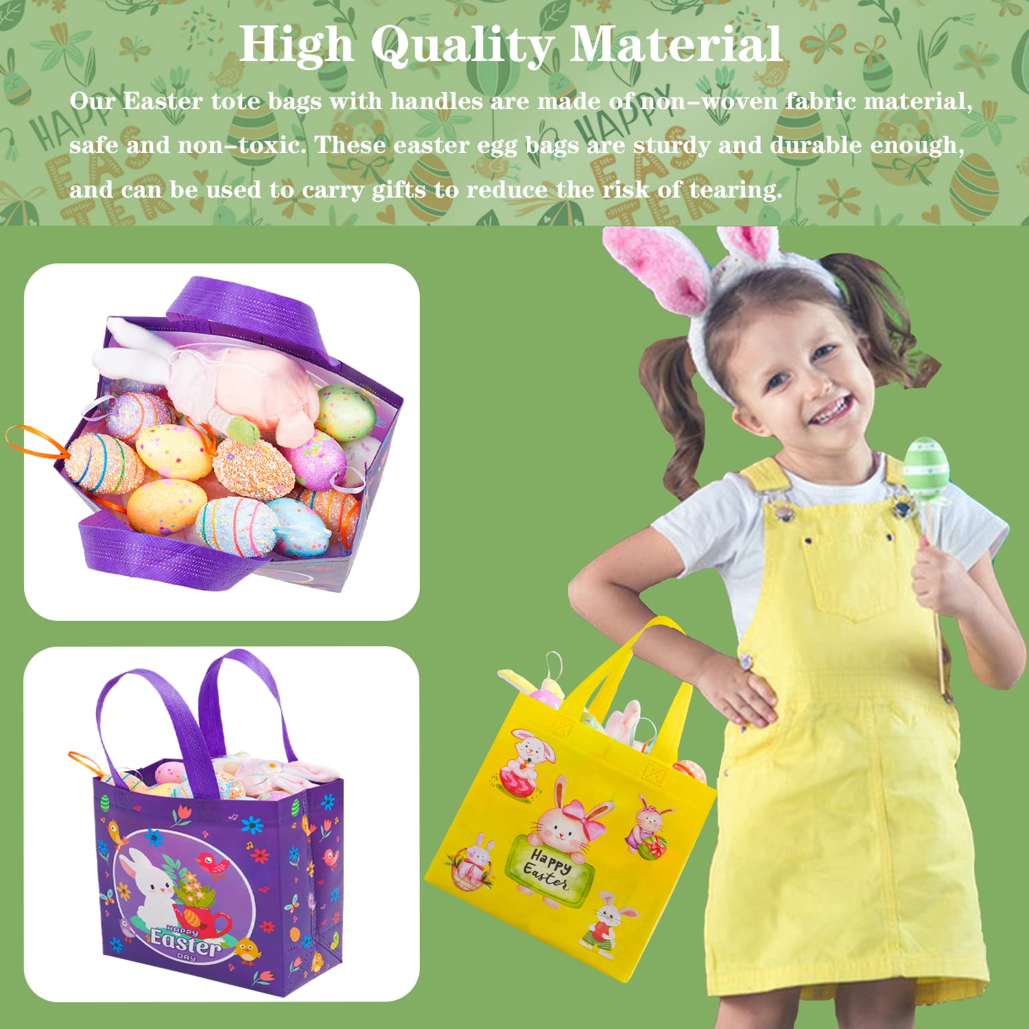 6Pcs Easter Non-Woven Reusable Gift Bags with Handles - Bunny Rabbit Design Waterproof Treat Bags for Kids Party Favors, Egg Hunt & Easter Basket Stuffers