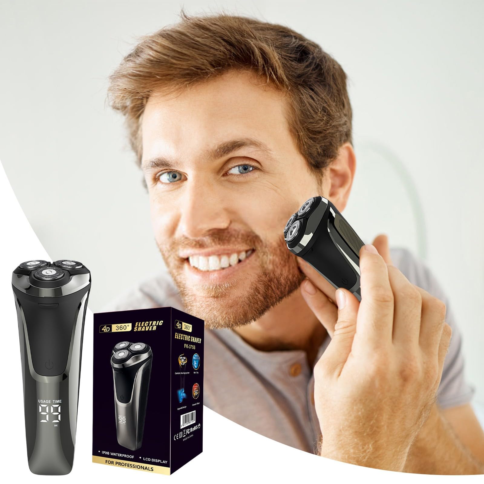 2025 New 4D Rotary Electric Razor for Men - IPX7 Waterproof, Rechargeable Wet/Dry Facial Shaver with 2 Replacement Heads (Black) - Perfect for Travel, Gym & Daily Grooming