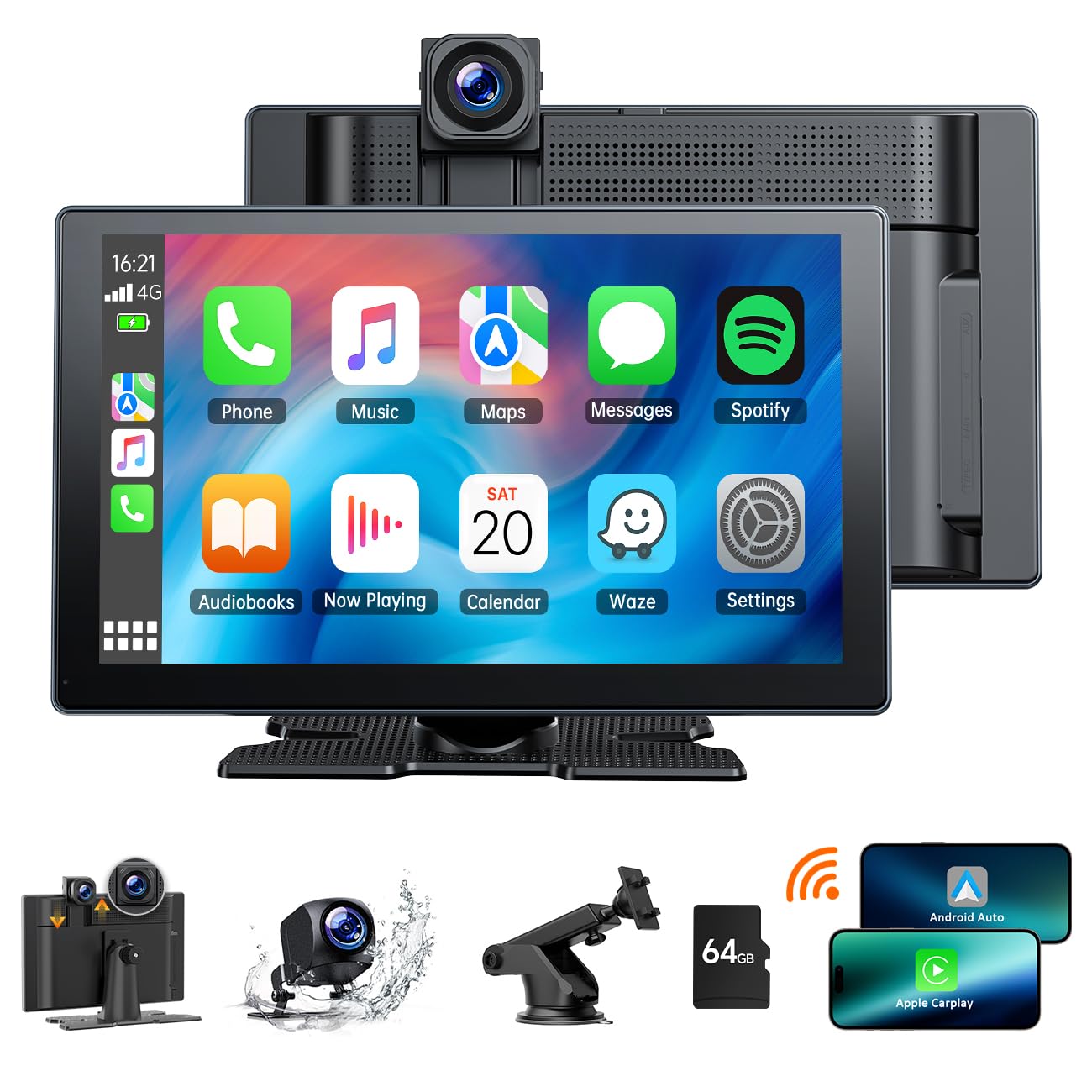 Volam 9 Inch Wireless CarPlay Android Auto Car Stereo with 4K Dash Cam, 1080P Rearview Camera, Bluetooth 5.0, GPS, Voice Assistant, Mirror Link, AUX, FM, 64GB TF Card – Perfect for Road Trips, Commuting & Hands-Free Driving
