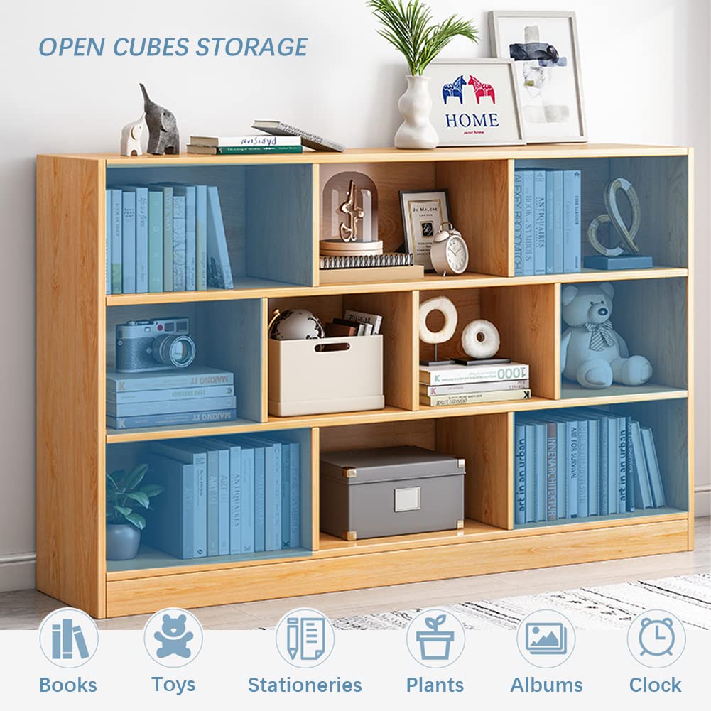 IOTXY 3-Tier Open Shelf Wooden Bookcase - Floor Standing Display Cabinet with 8 Cubes, Short Horizontal Bookshelf Organizer in Bright Blue - Perfect for Living Room, Bedroom, Office & Dorm Storage