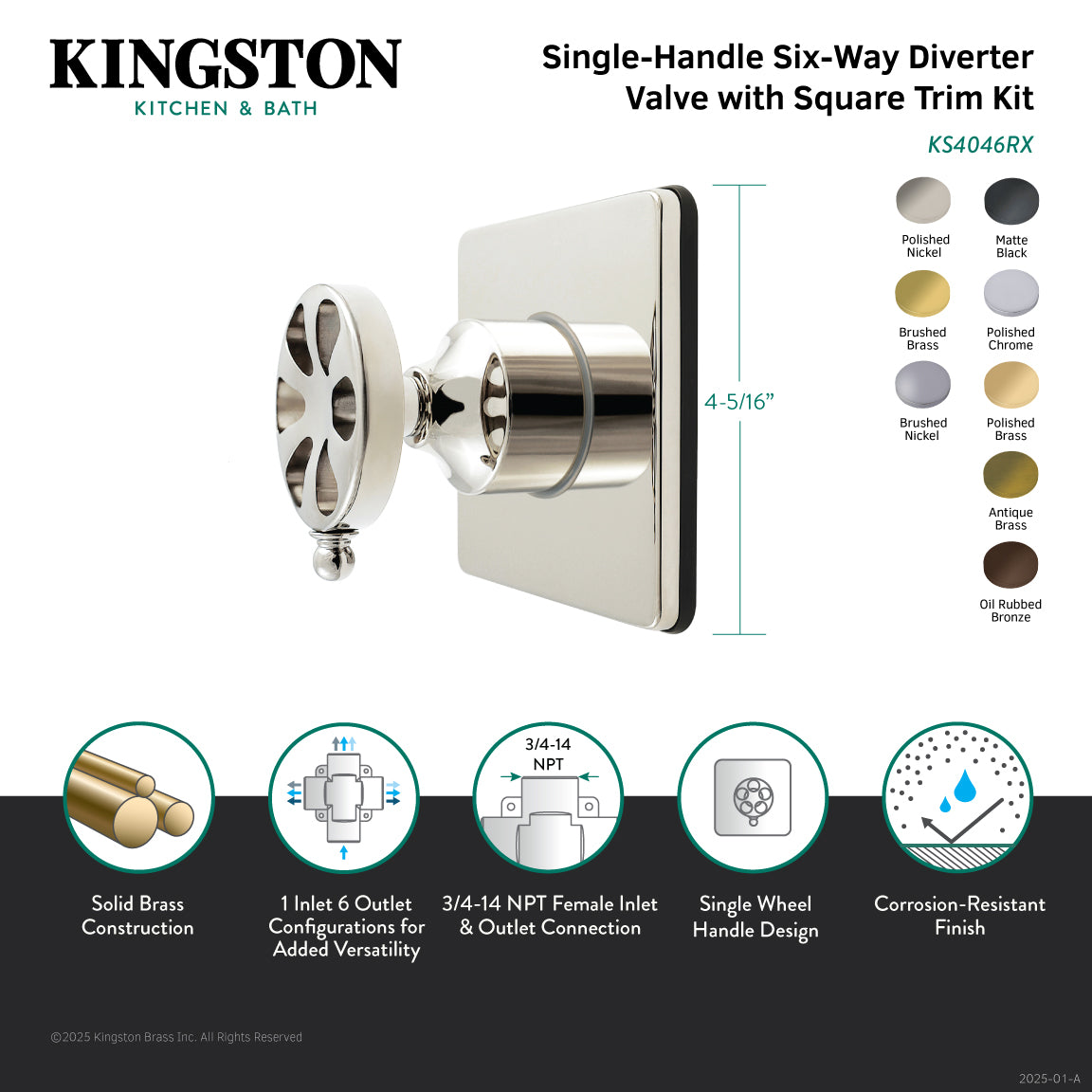 Belknap KS4041RX Single Handle 6-Way Diverter Valve with Square Trim Kit - Polished Chrome Finish for Shower, Bathtub, and Multiple Plumbing Applications