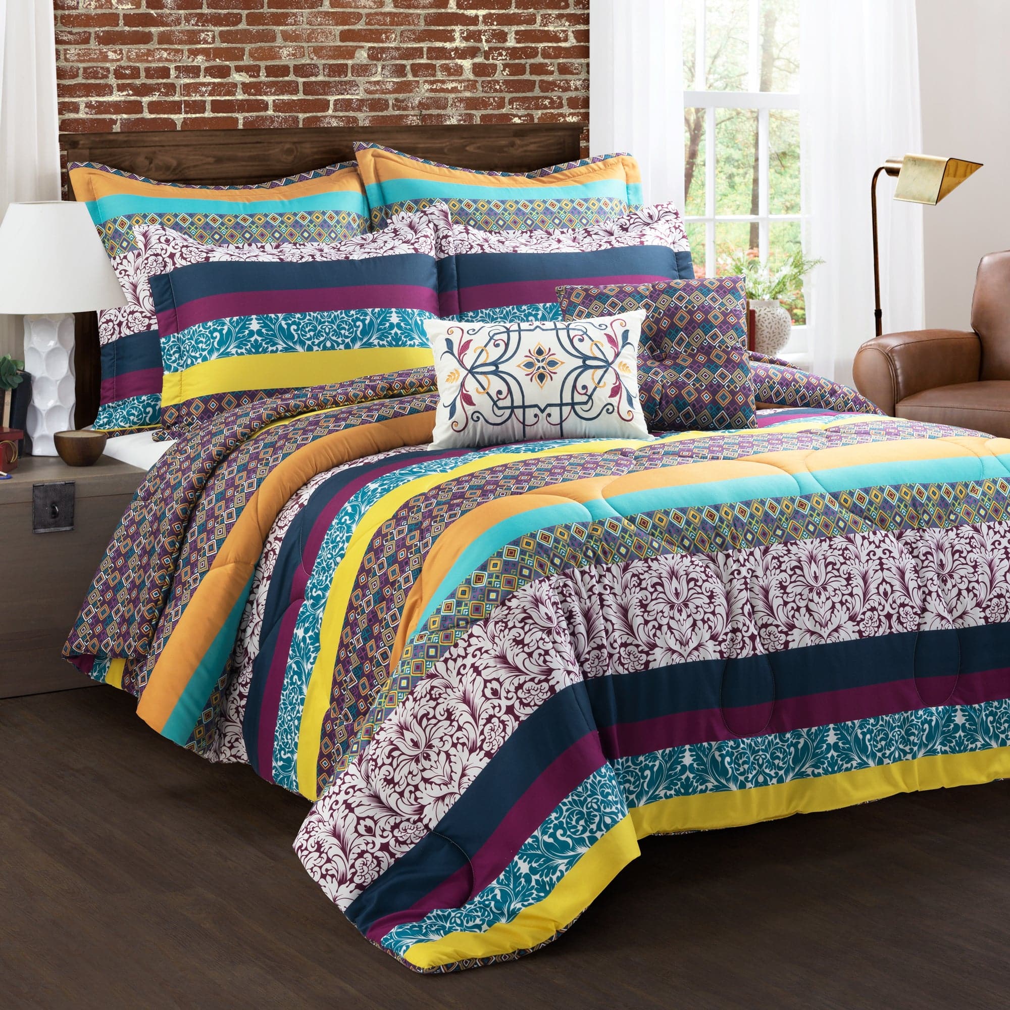 Boho Stripe 7-Piece Comforter Set Queen Size - Soft Cotton Bedding Set with Pillow Shams & Decorative Pillow Covers - Perfect for Bohemian Style Bedroom Decor & Guest Room Makeover
