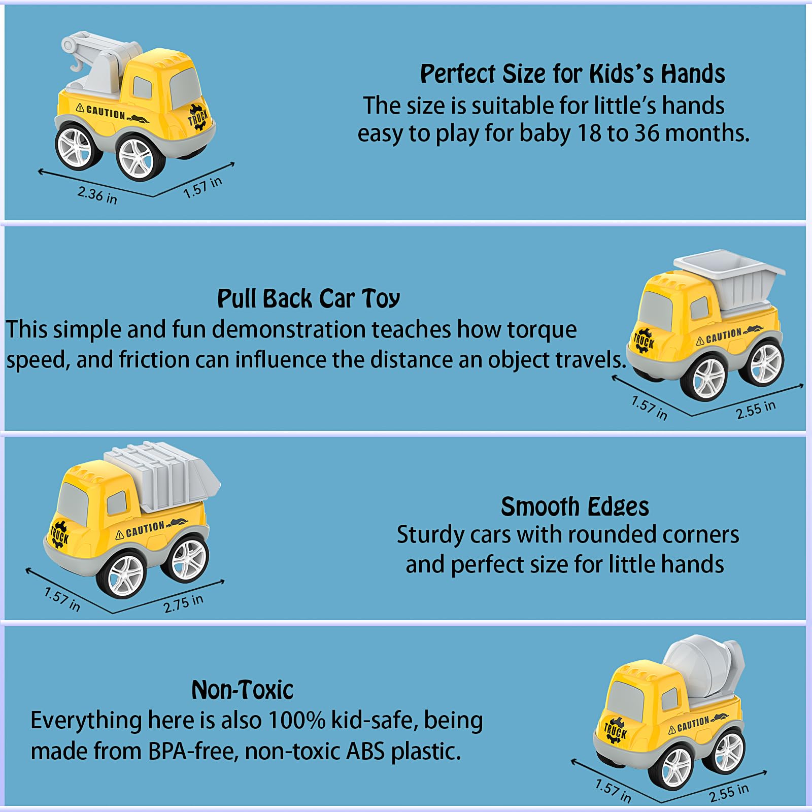Best Pull Back Construction Vehicles for Toddlers - 4 Pack Friction Powered Toy Trucks for Kids Ages 3-5 | Fun Educational Gift for Boys & Girls | Perfect for Birthday, Christmas & Pretend Play Scenes