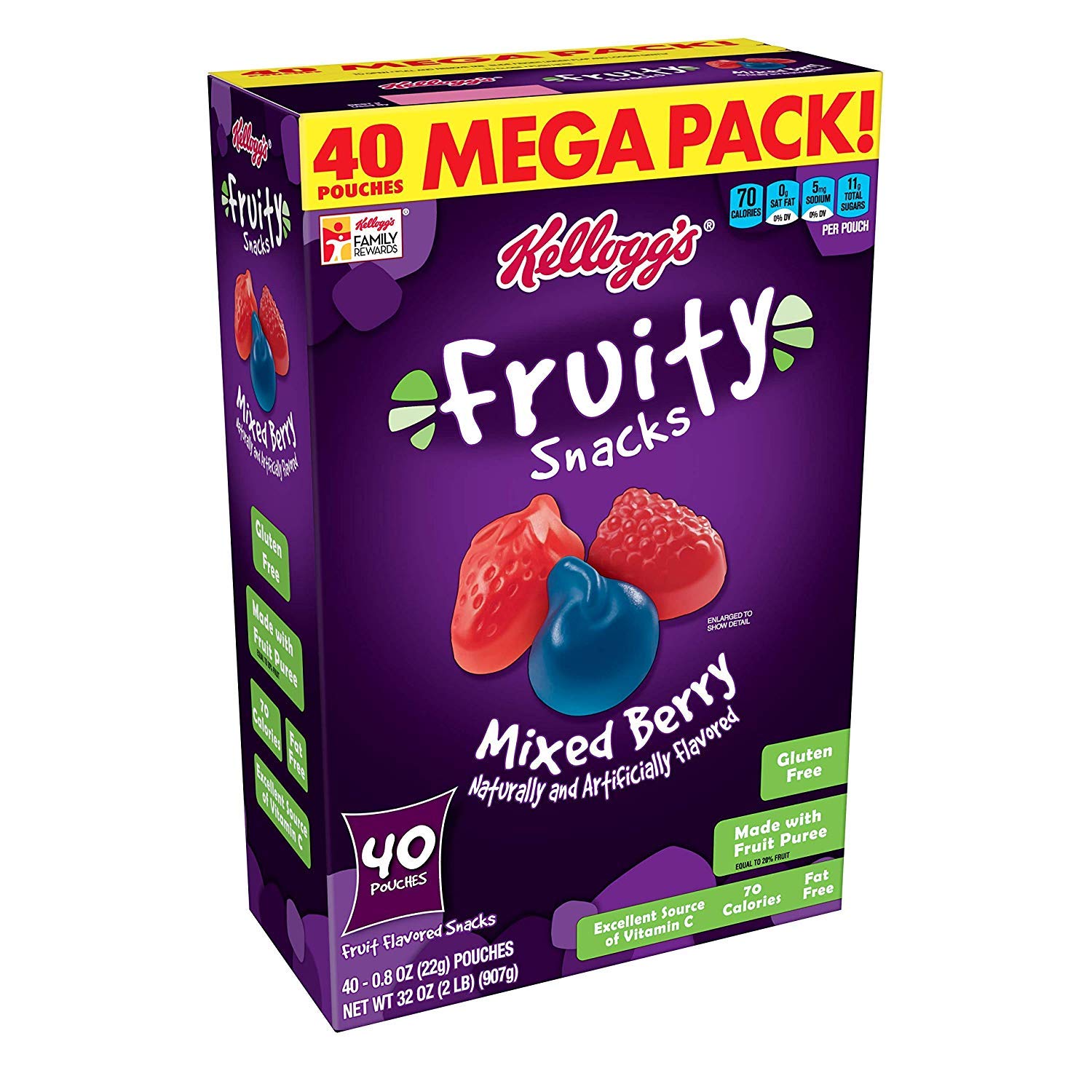 Healthy Mixed Berry Fruity Snacks - Gluten Free, Fat Free, 32 oz (40 Pouches) - Pack of 3 - Perfect for School Lunches, Office Snacks & On-the-Go Energy Boost
