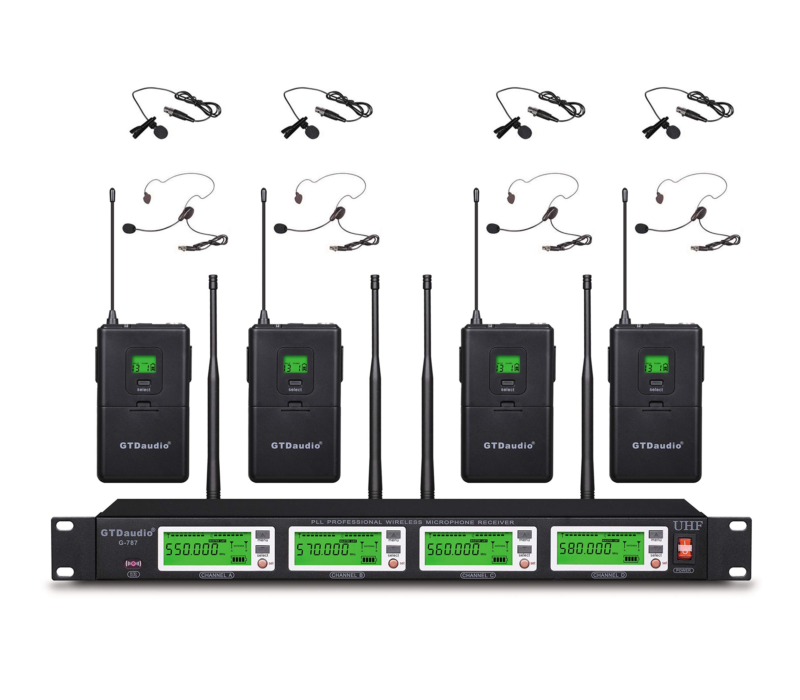 GTD Audio 4-Channel UHF Wireless Microphone System with Adjustable Frequencies - 4 Lavalier/Lapel/Headset Mic Kits (400ft Range) - Ideal for Churches, Conferences, Classrooms & Live Performances