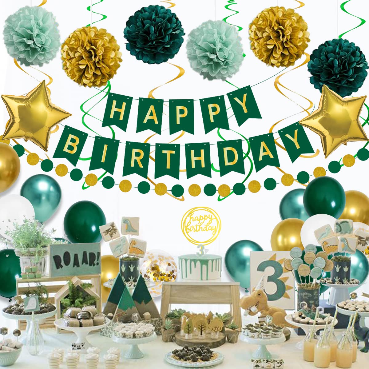 Green and Gold Birthday Party Decorations Set - Happy Birthday Banner, Balloons, Paper Pom Poms & Garland for Men, Women, Boys & Girls | Perfect for Emerald Themed Parties, Baby Showers & Anniversary Celebrations