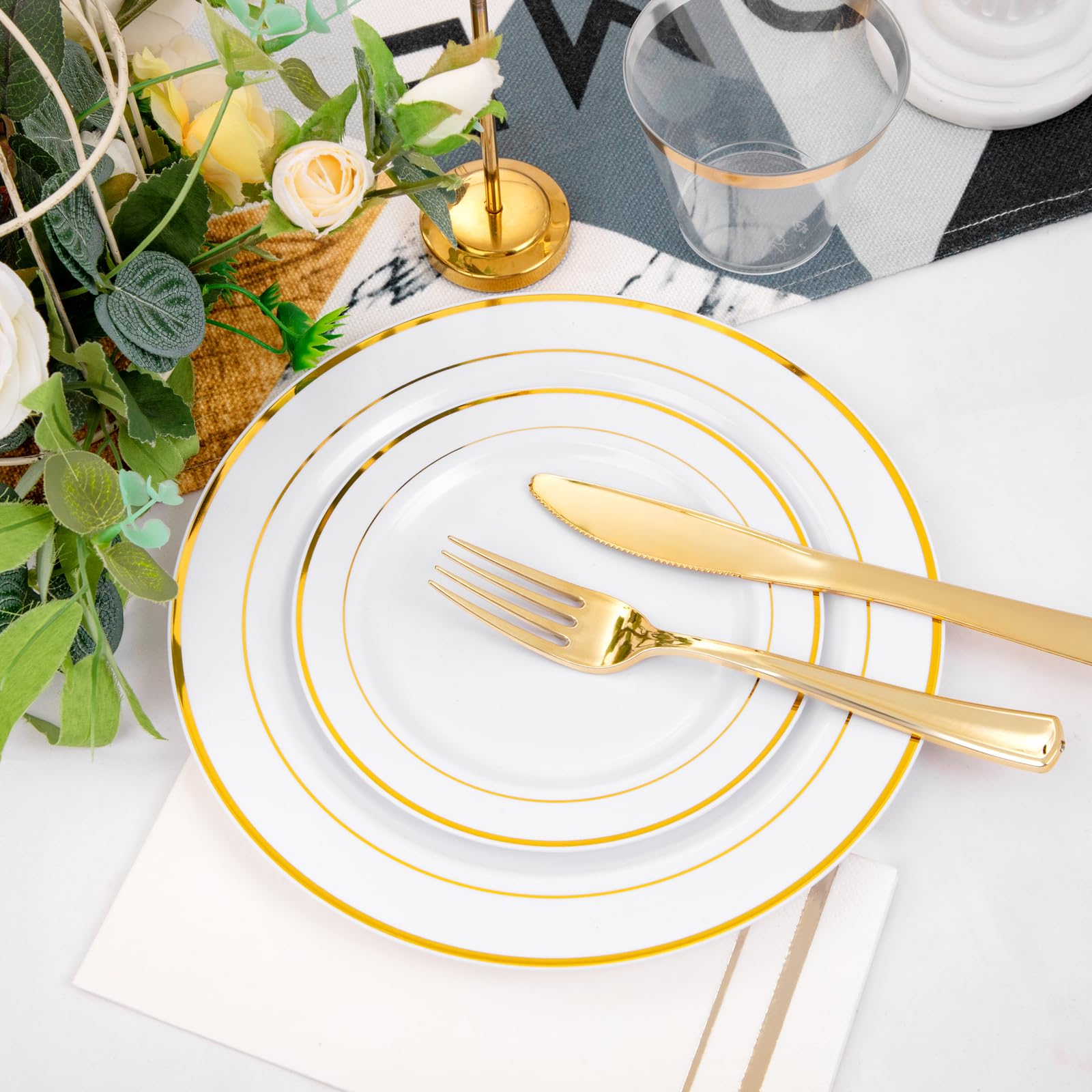 350-Piece Gold Plastic Dinnerware Set - 50 Gold Dinner Plates, 50 Salad Plates, 150 Silverware, 50 Napkins & 50 Cups - Disposable Party Tableware for Weddings, Birthdays & Special Events - Elegant & Convenient for Large Gatherings