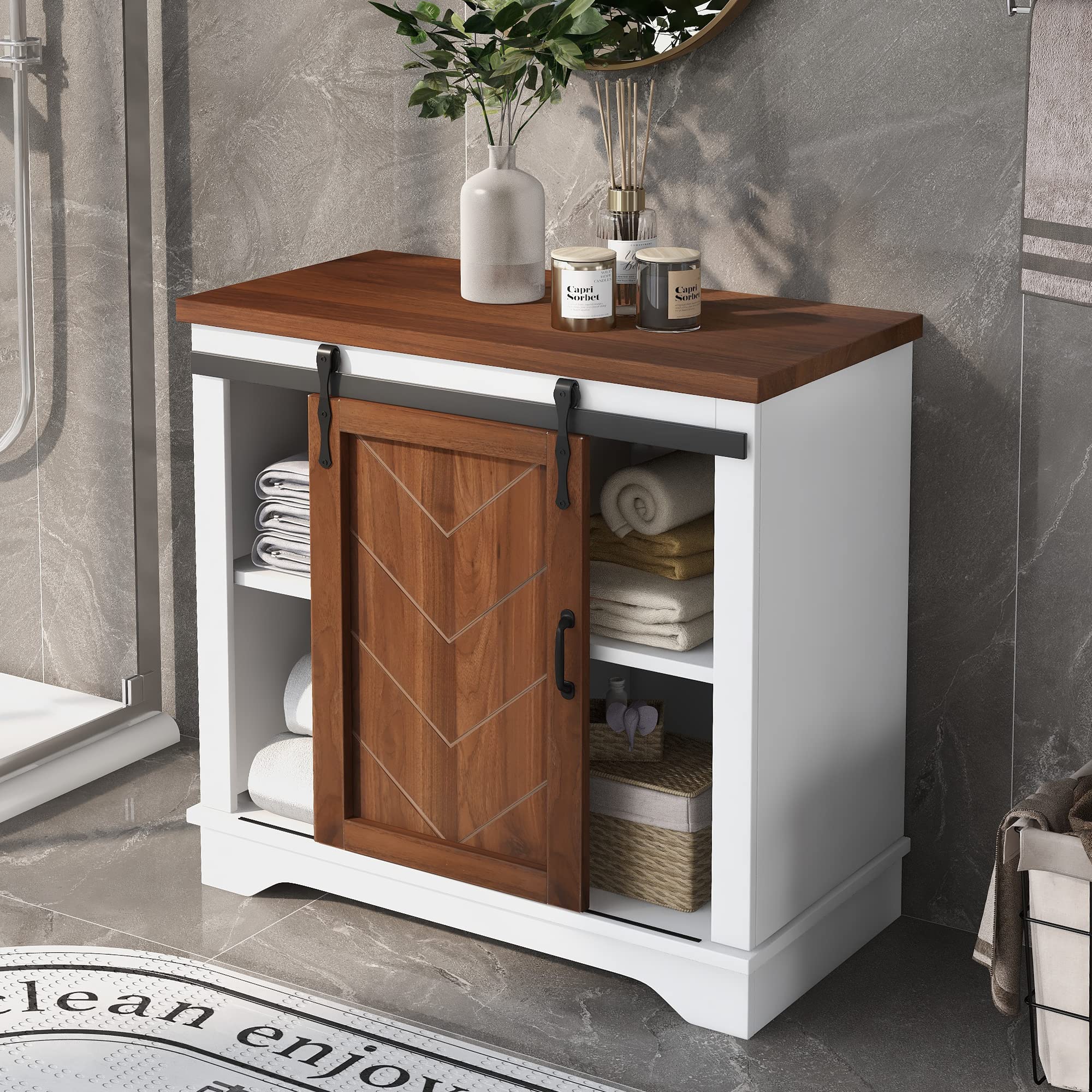 White and Brown Freestanding Bathroom Storage Cabinet with Sliding Barn Door, Thick Top & Adjustable Shelves - Perfect for Bathroom Organization, Bedroom Decor, and Farmhouse Style Homes