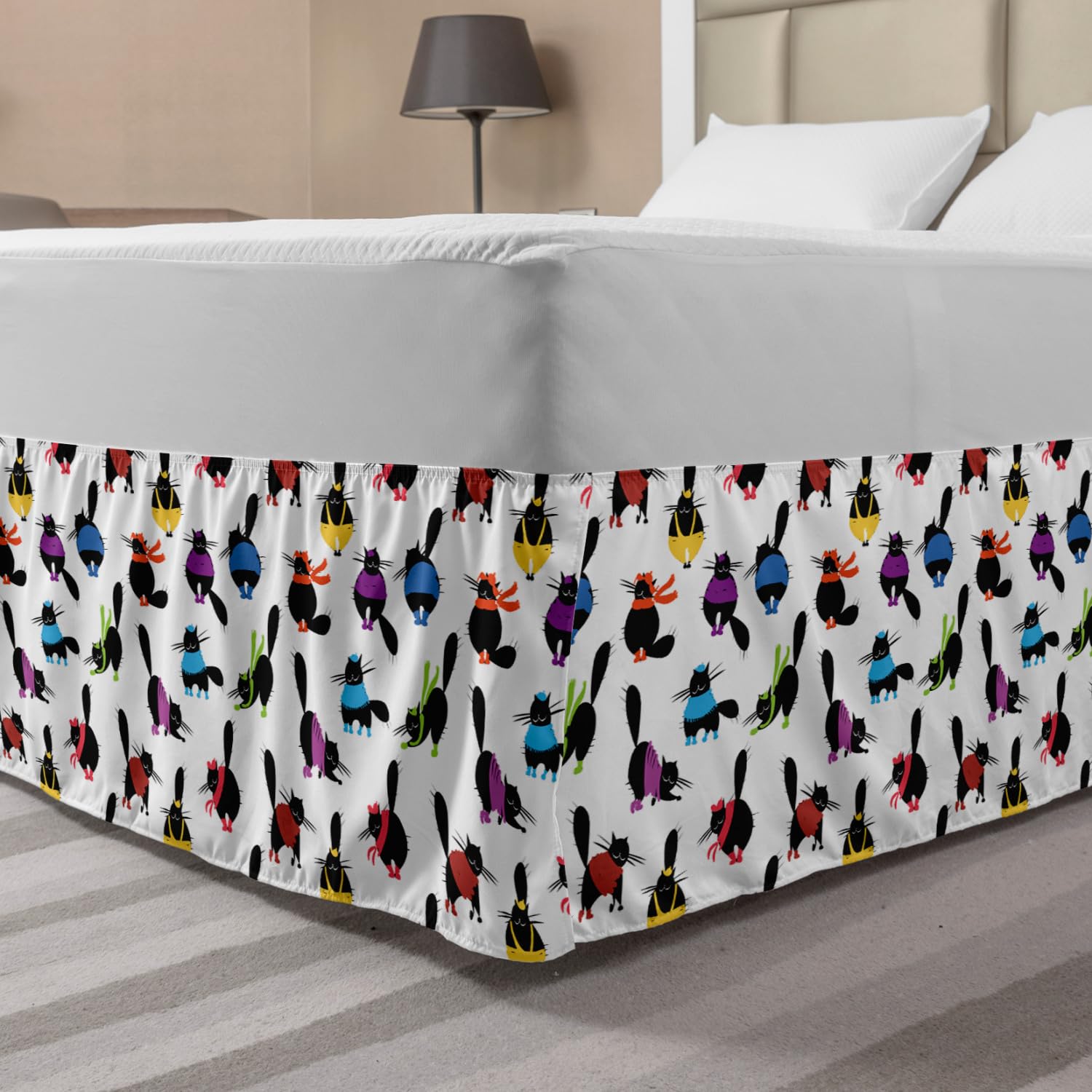 Ambesonne Elastic Cat Bed Skirt - Chunky Winter Animal Silhouette Design with Whiskers, Wrap Around Dust Ruffle for Queen Size Beds | Perfect for Cozy Bedroom Decor & Pet Lover Home Styling