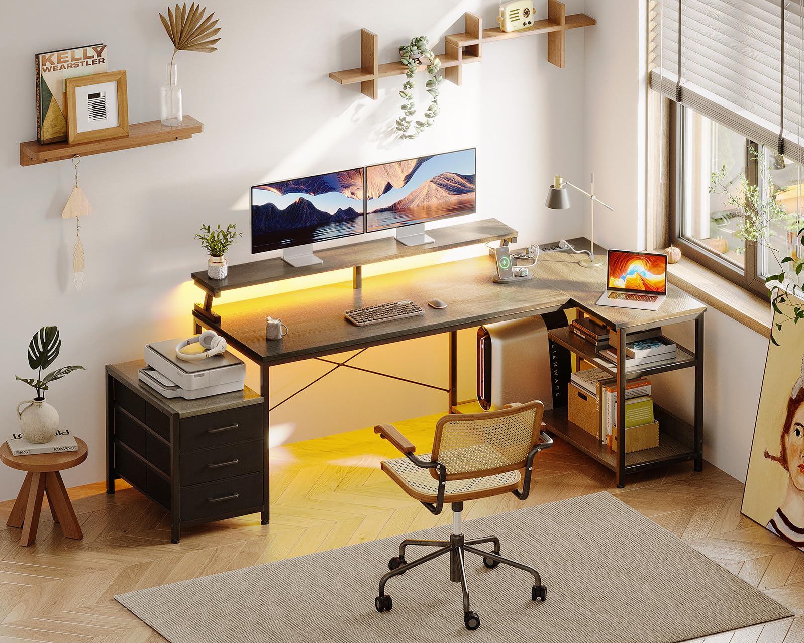 AODK L-Shaped Office Desk with Fabric Drawers - 66