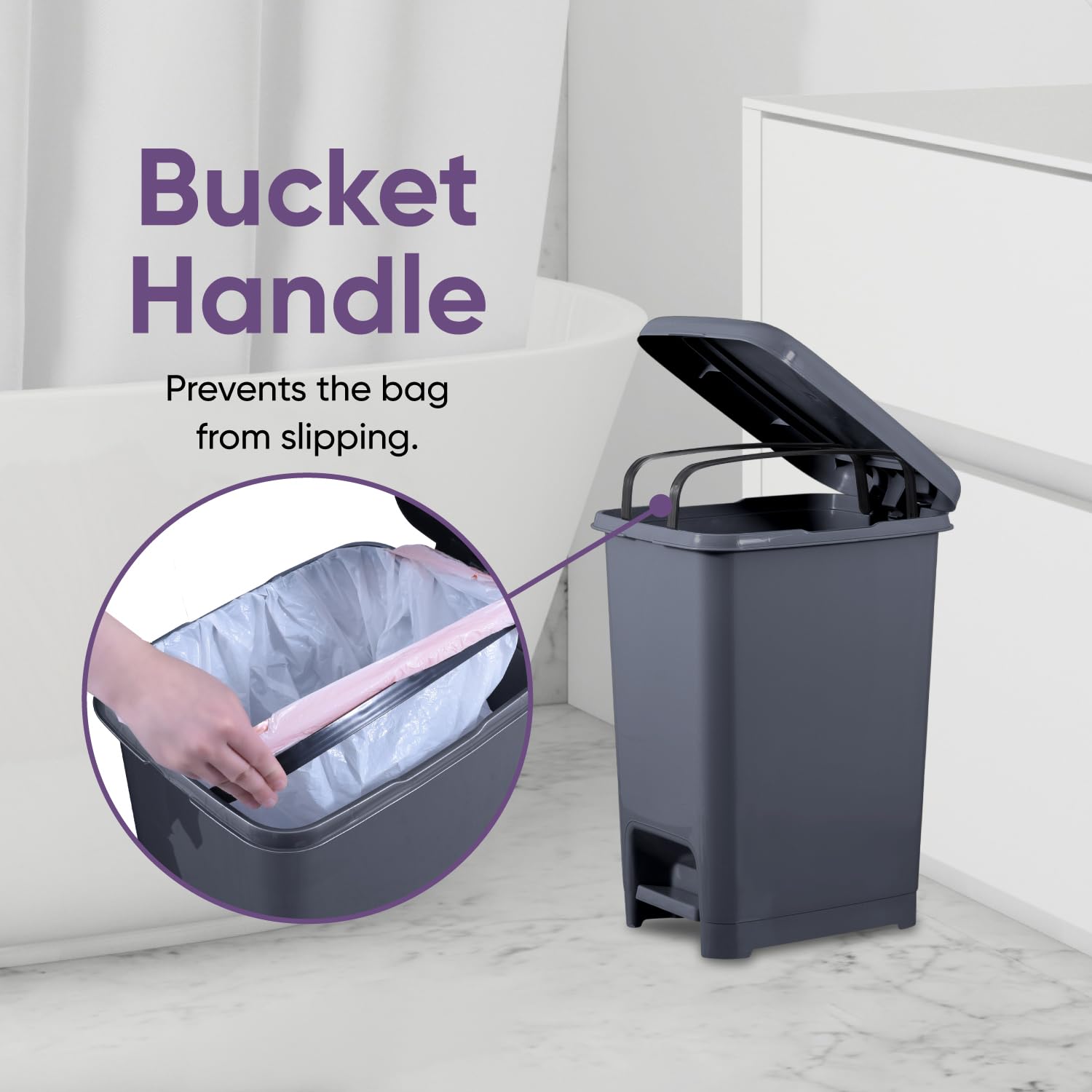 Superio 4 Gallon Slim Step-On Trash Can with Lid - Small Plastic Garbage Bin for Bathroom, Bedroom, Kitchen, Office, RV, Dorm & Patio - Hands-Free Foot Pedal Design - Onyx Grey - Perfect for Small Spaces & Hygienic Waste Disposal
