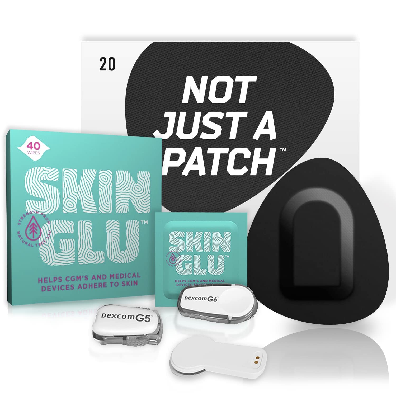 Dexcom G4 G5 G6 & MiaoMiao CGM Adhesive Patches with Skin Glue - 20 Black Waterproof Sensor Patches + 40 Barrier Wipes for Diabetes Management - Secure Infusion Site Protection for Active Lifestyle