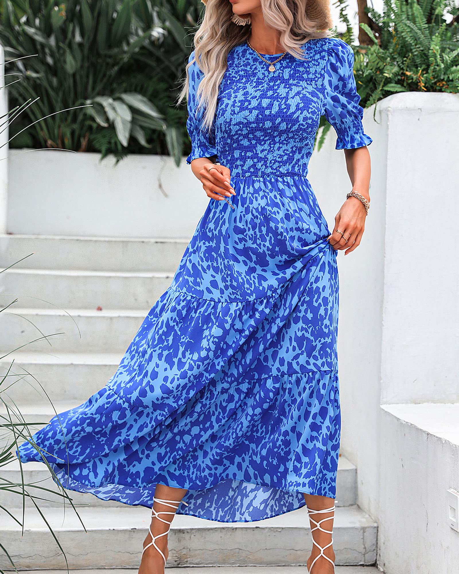 BTFBM Women's Casual Summer Dresses 2025 - Spring Crew Neck Ruffle Short Sleeve Floral Print Smocked Boho Flowy Maxi Dress for Beach, Vacation & Outdoor Parties