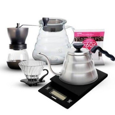Hario V60 Pour Over Coffee Maker Kit - Complete Starter Bundle for Home & Office Brewing - Includes Glass Dripper, Coffee Server, Filters & Scoop