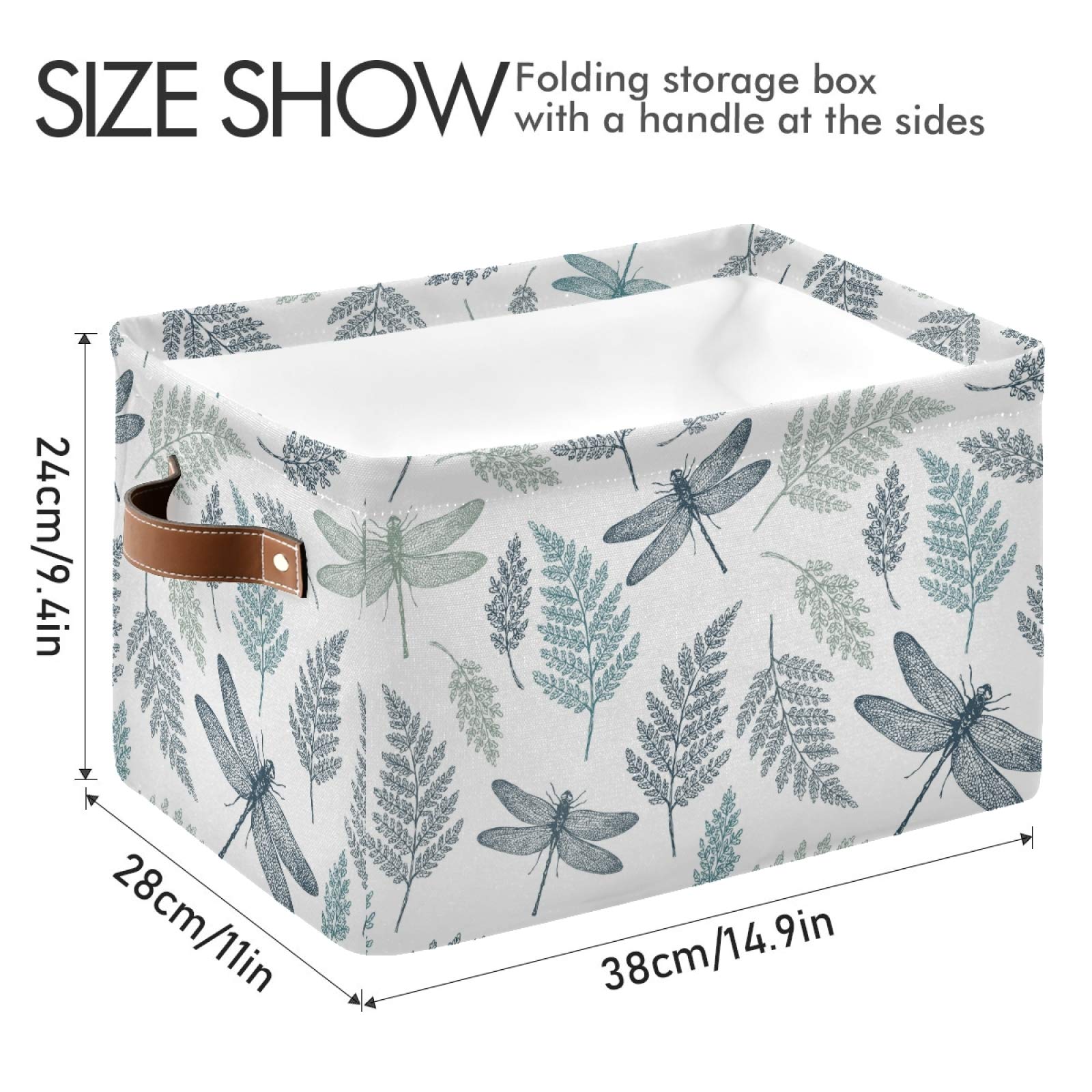 Susiyo Large Foldable Storage Bin - Fern Botanical Dragonfly Fabric Collapsible Basket with PU Handles for Home Organization | Perfect for Shelves, Closet, Bedroom & Living Room Storage (1-Pack)