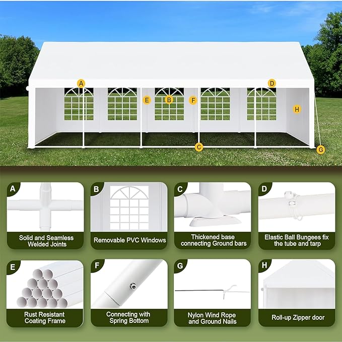 GARVEE 16x32 FT White Outdoor Party Tent with Removable Sidewalls & Storage Bags - Perfect for Weddings, Camping, BBQ Events, and Backyard Gatherings
